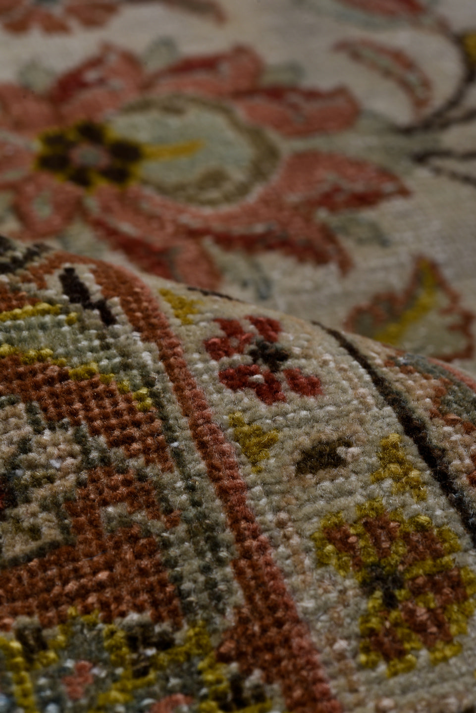 4' x 9' one-of-a-kind handmade antique Sarouk runner rug. Color palette: ivory, camel, rust, light blue, sage, gold, brown