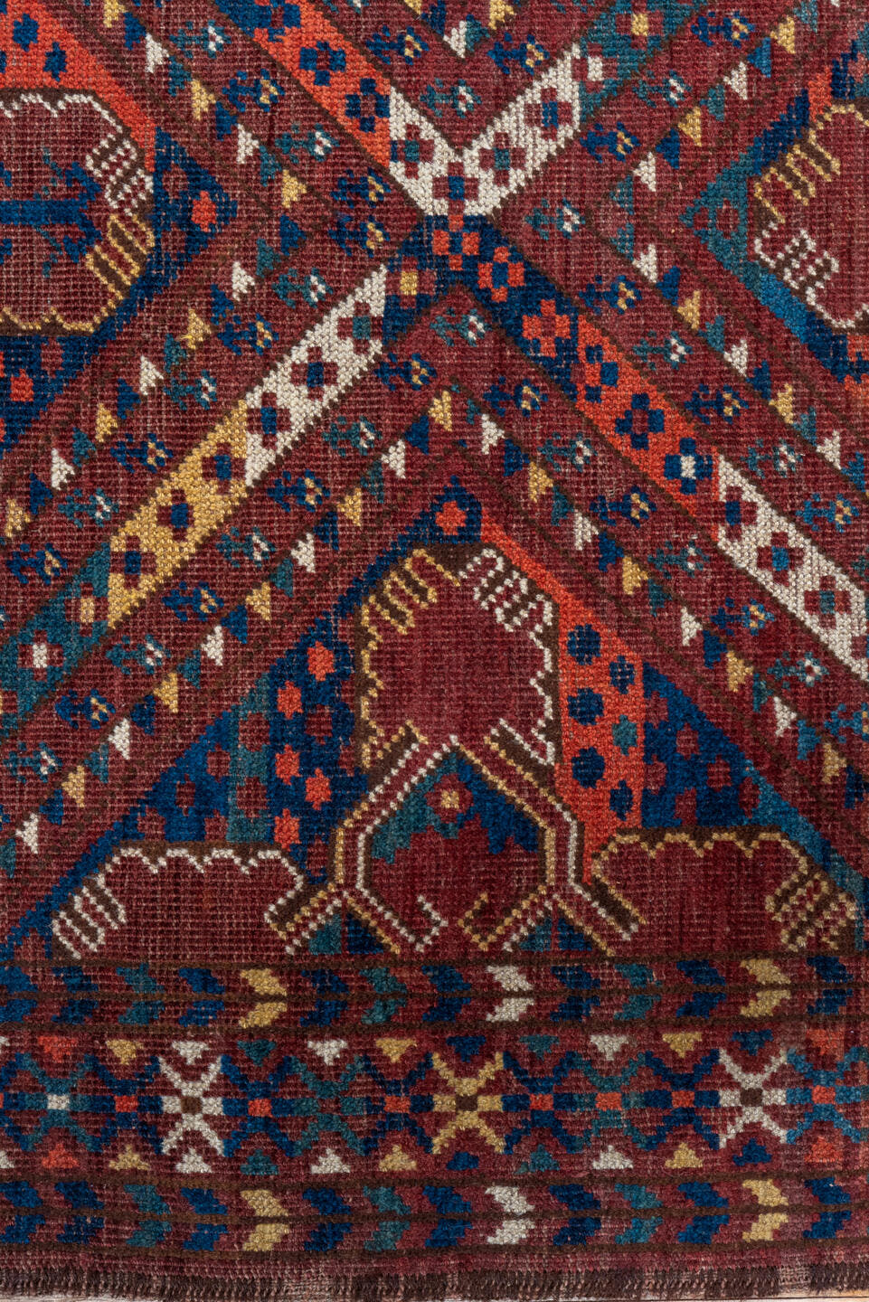 5' x 10' one-of-a-kind handmade antique Beshir medium size rug. Color palette: rust, navy, burgundy, ivory, terra cotta