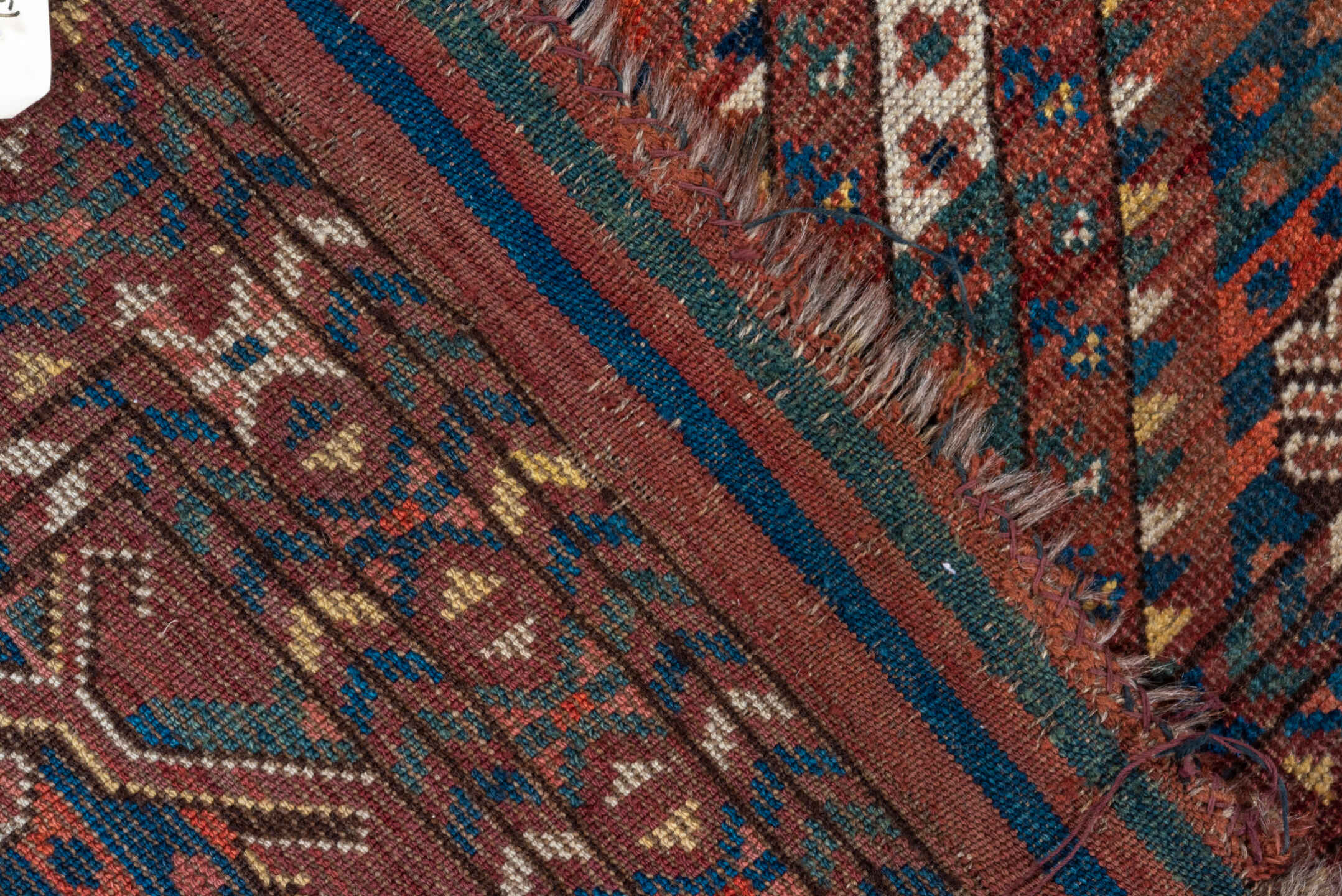 5' x 10' one-of-a-kind handmade antique Beshir medium size rug. Color palette: rust, navy, burgundy, ivory, terra cotta