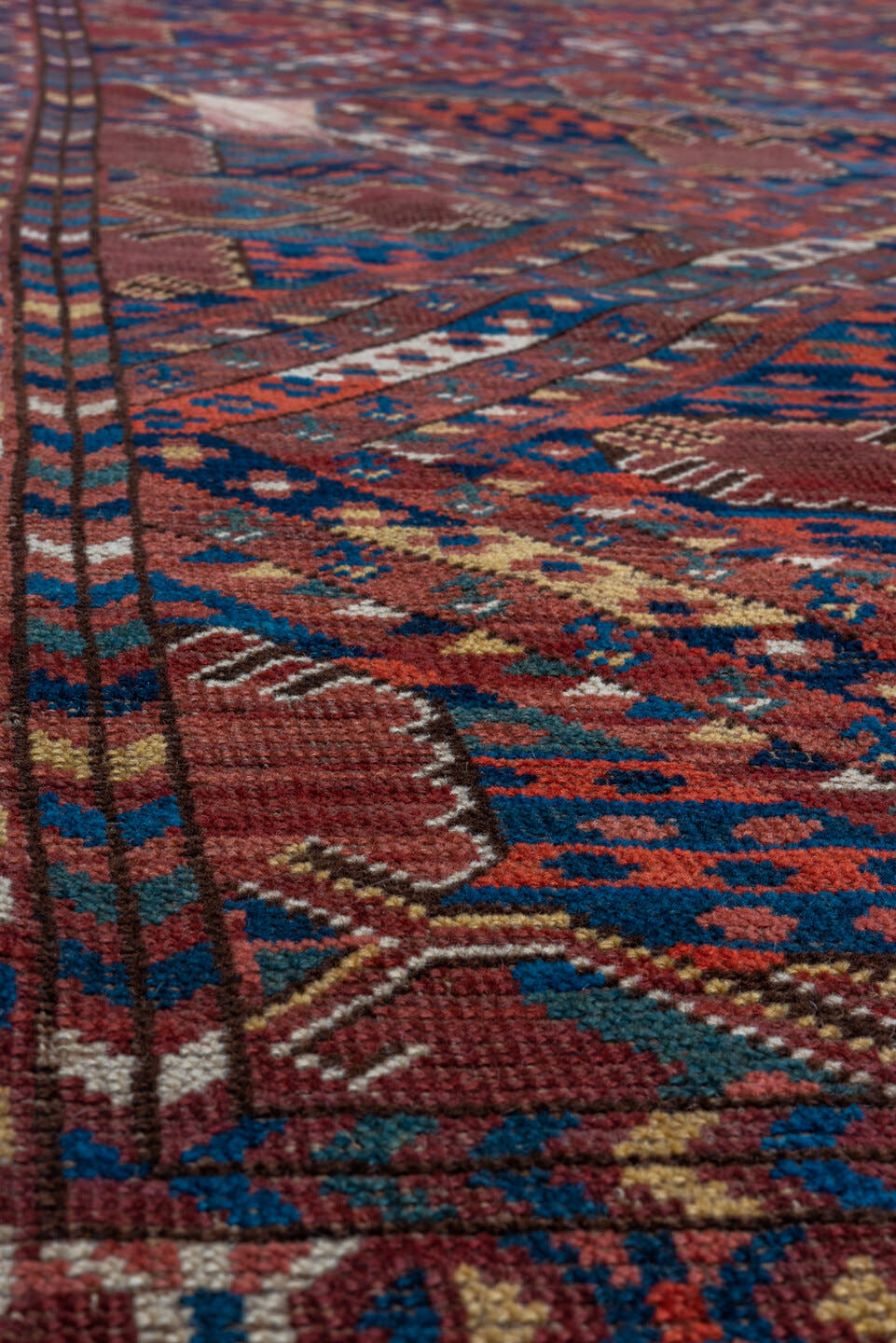 5' x 10' one-of-a-kind handmade antique Beshir medium size rug. Color palette: rust, navy, burgundy, ivory, terra cotta