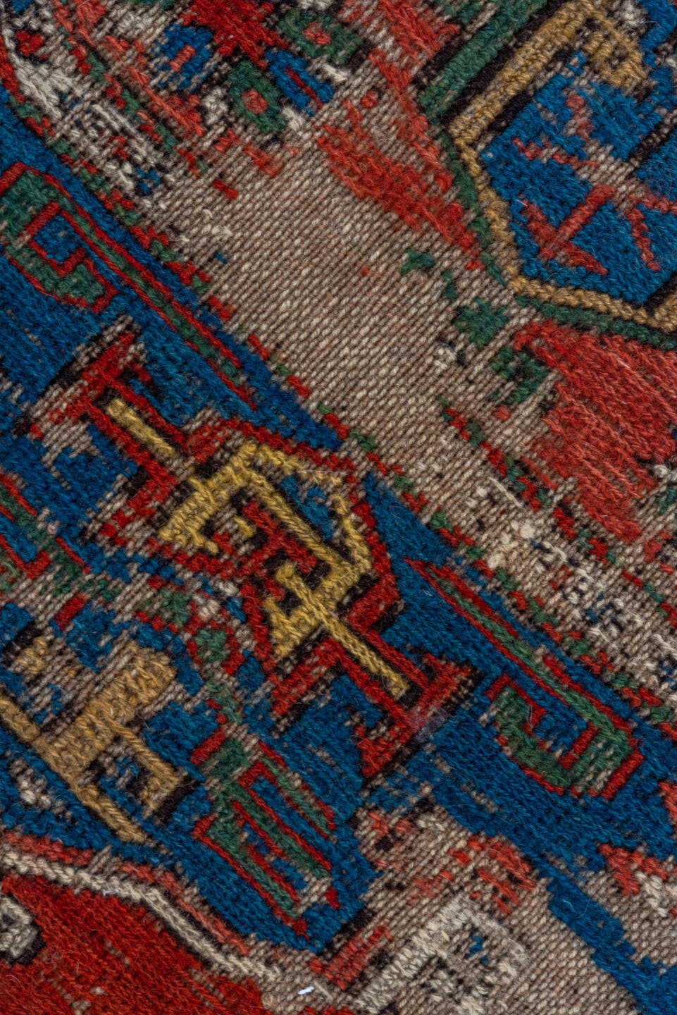 6' x 7' one-of-a-kind handmade antique Sumak rug. Color palette: ivory, indigo, rust, crimson, gold, charcoal, saffron, teal