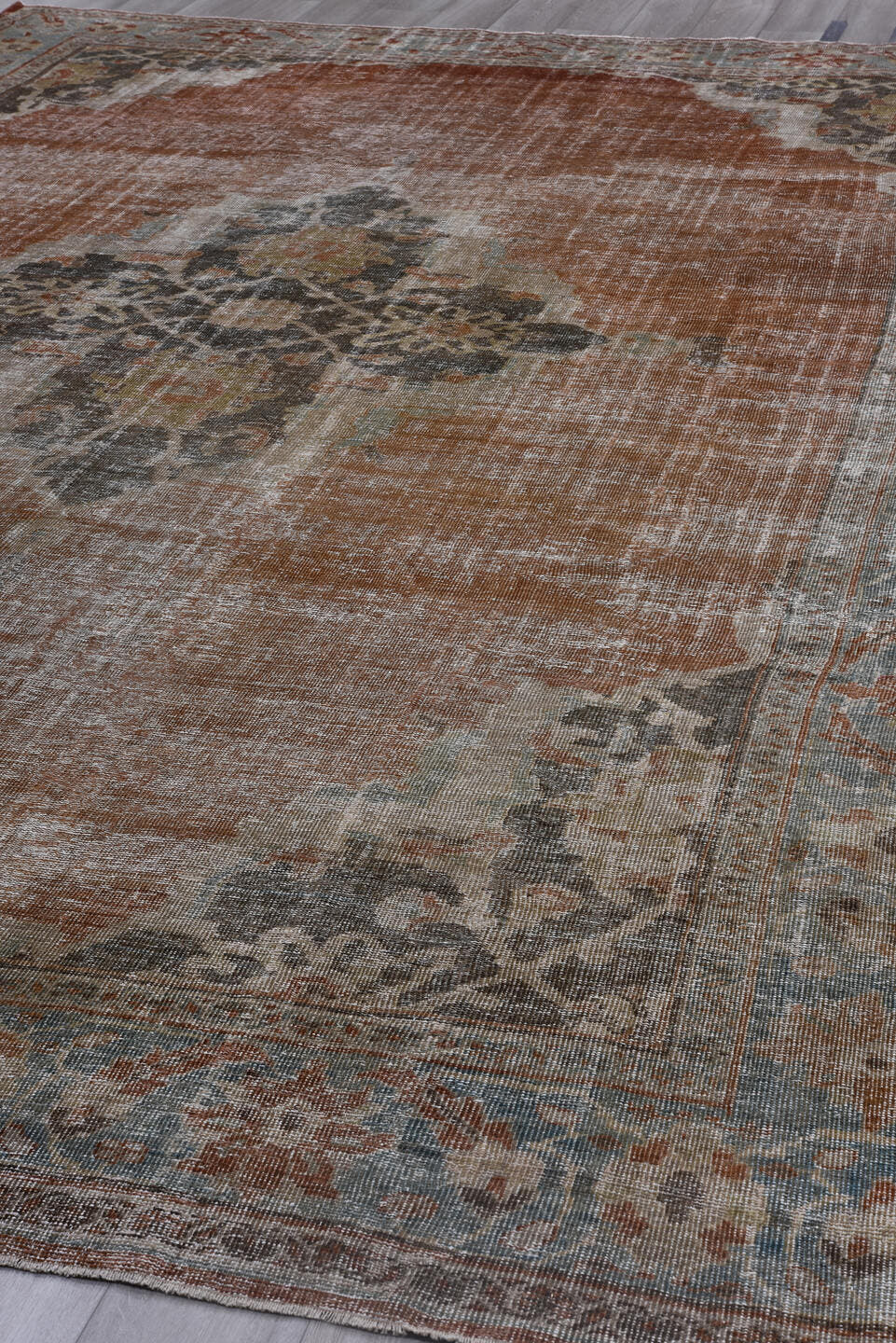 10' x 15' one-of-a-kind handmade antique Mahal rug. Color palette: terra cotta, pale blue, ivory, taupe, slate, rust