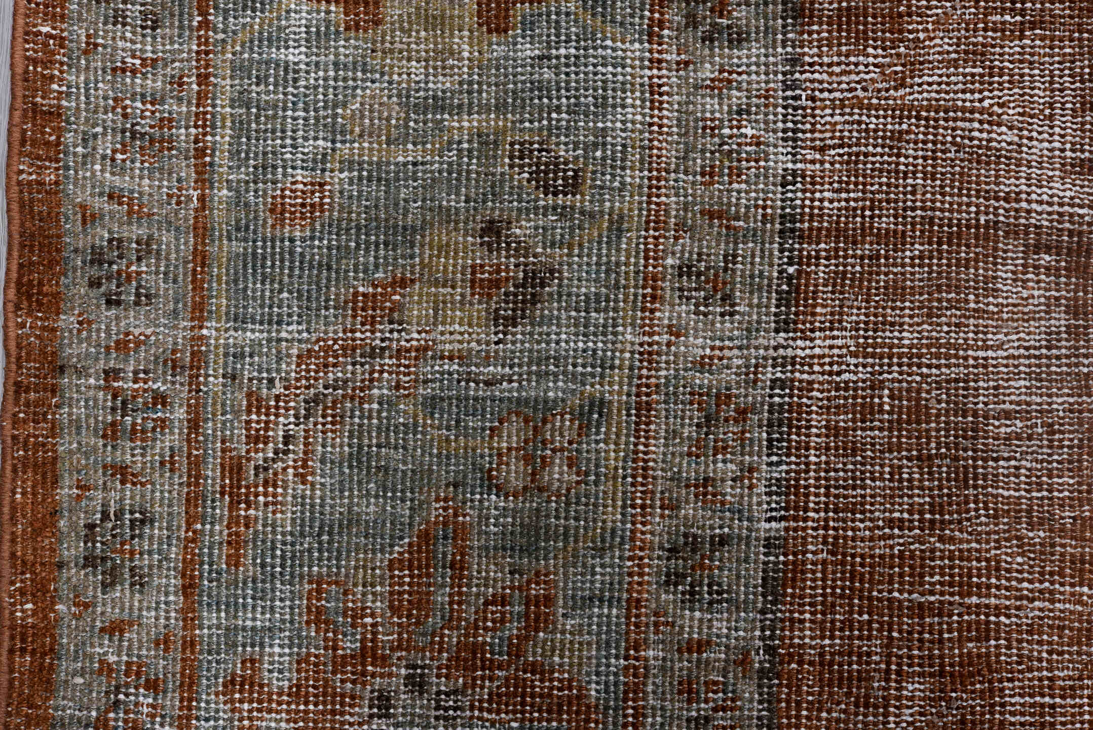 10' x 15' one-of-a-kind handmade antique Mahal rug. Color palette: terra cotta, pale blue, ivory, taupe, slate, rust