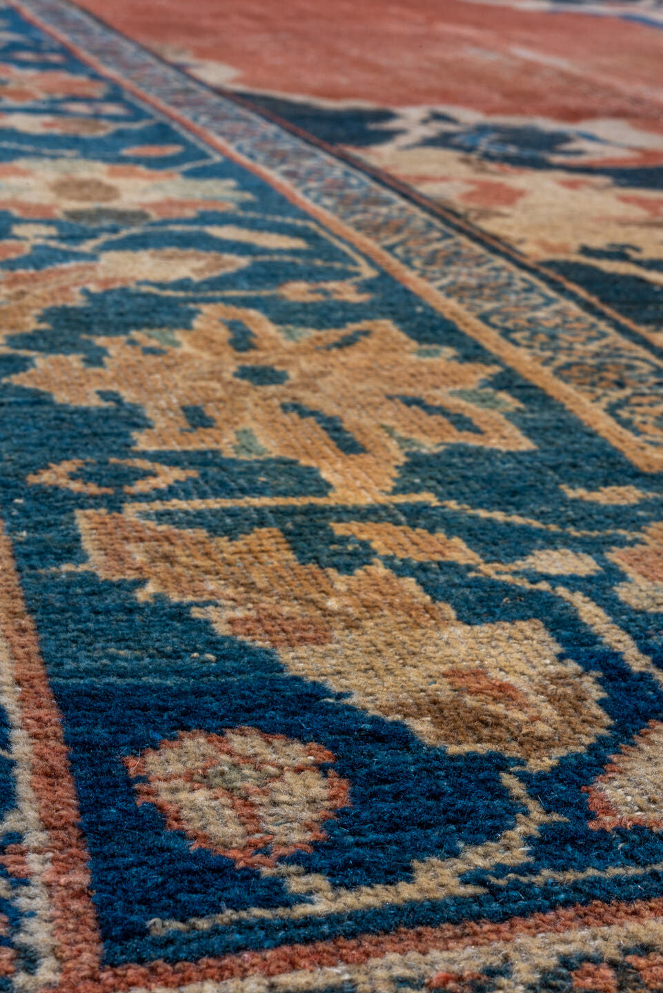 10' x 15' one-of-a-kind handmade antique Mahal rug. Color palette: terra cotta, pale blue, ivory, taupe, slate, rust
