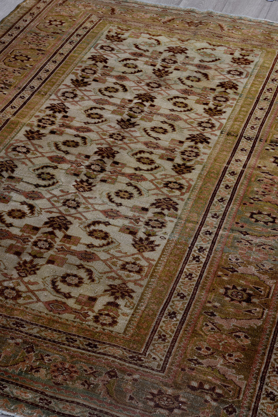 4' x 6' one-of-a-kind handmade antique Malayer small size rug. Color palette: ivory, sage, taupe, brown, rust, rose