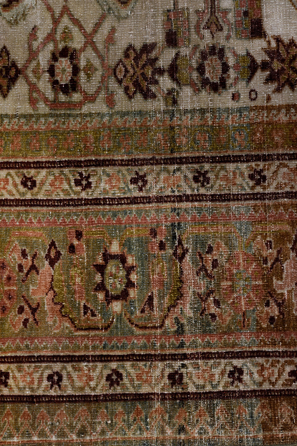 4' x 6' one-of-a-kind handmade antique Malayer small size rug. Color palette: ivory, sage, taupe, brown, rust, rose