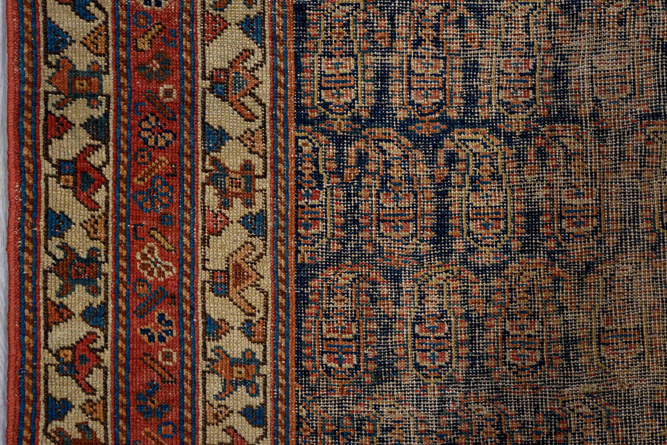 4' x 5' one-of-a-kind handmade vintage Afshar small size rug. Color palette: taupe, ivory, rust, navy, brick, camel, beige