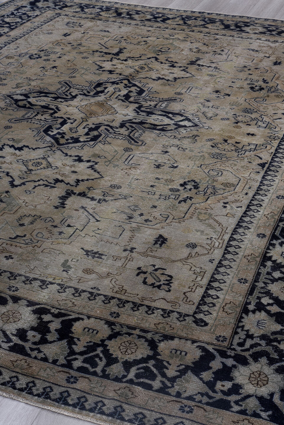 9' x 11' one-of-a-kind handmade antique Sparta large size rug. Color palette: ivory, navy, beige, taupe, slate, charcoal
