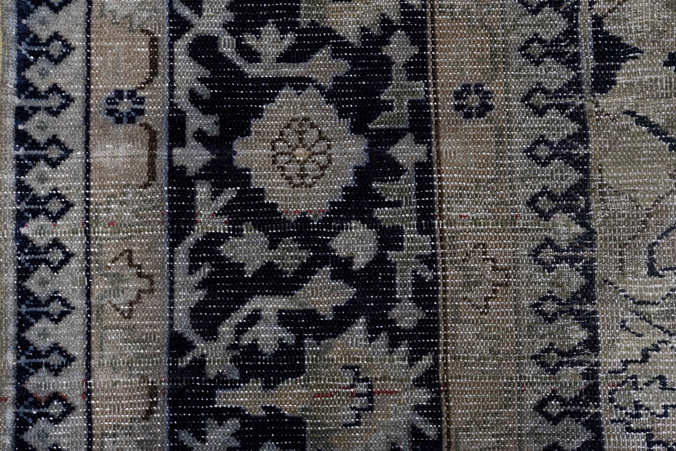 9' x 11' one-of-a-kind handmade antique Sparta large size rug. Color palette: ivory, navy, beige, taupe, slate, charcoal