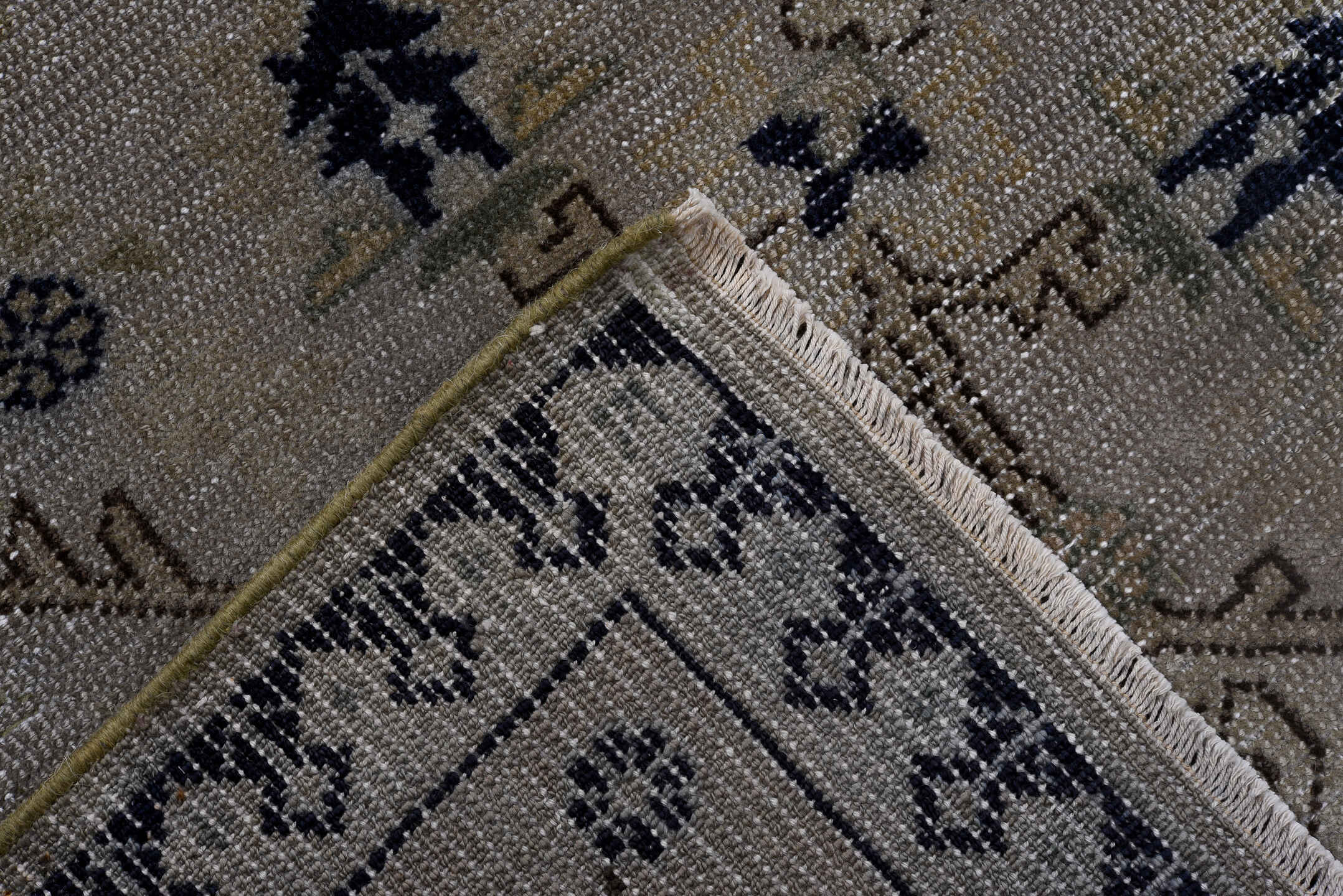 9' x 11' one-of-a-kind handmade antique Sparta large size rug. Color palette: ivory, navy, beige, taupe, slate, charcoal