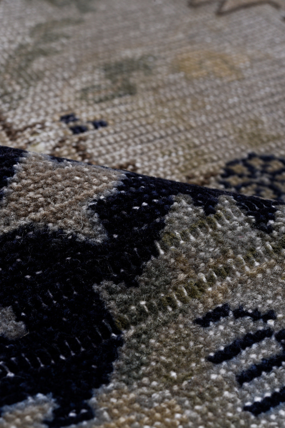 9' x 11' one-of-a-kind handmade vintage Sparta large size rug. Color palette: black, charcoal, dark gray, dim gray