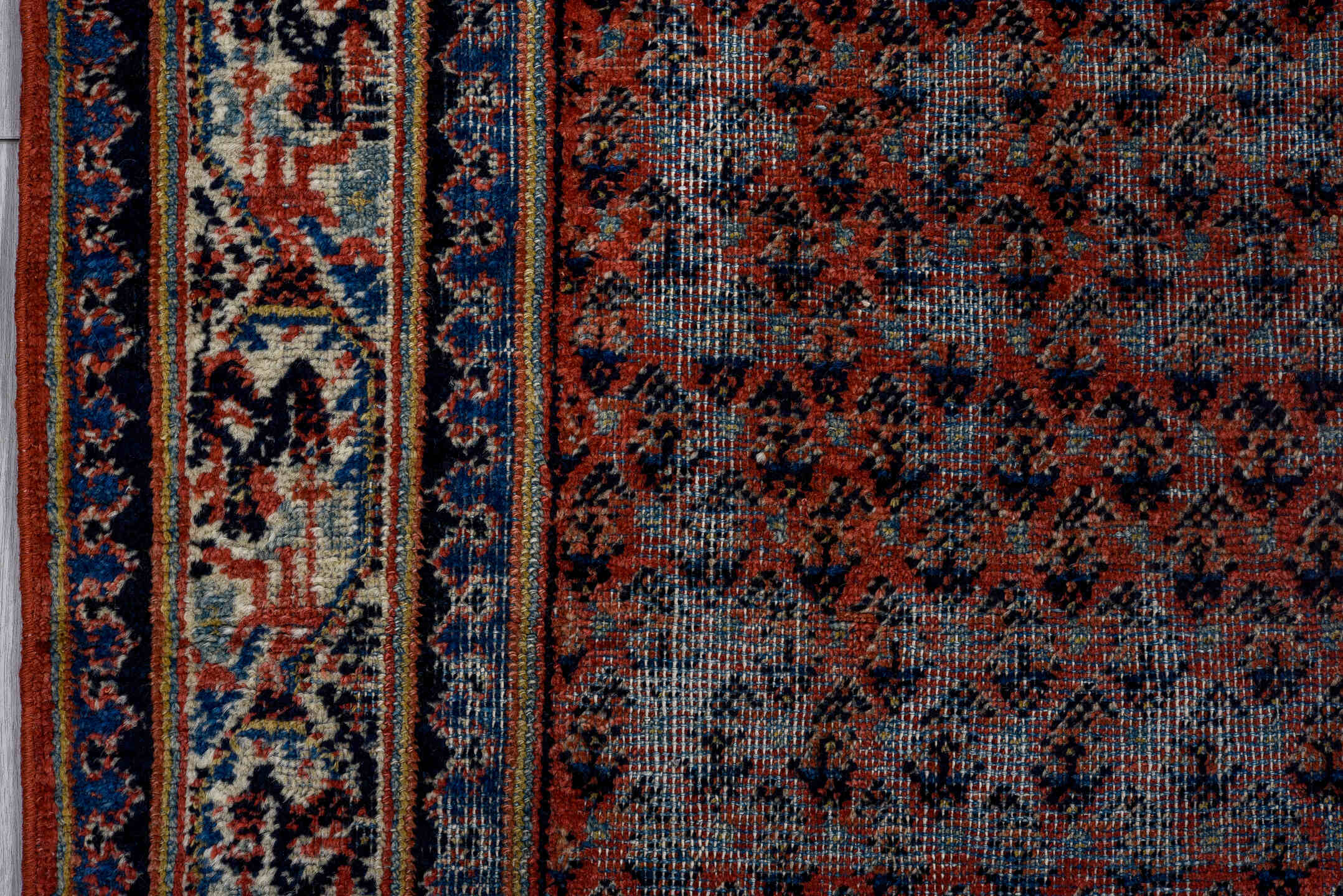 6' x 9' one-of-a-kind handmade vintage Saraband medium size rug. Color palette: blue-gray, ivory, red, navy, charcoal, gray