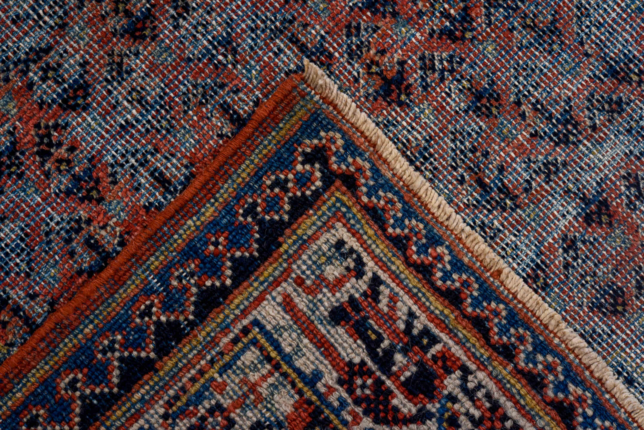 6' x 9' one-of-a-kind handmade vintage Saraband medium size rug. Color palette: blue-gray, ivory, red, navy, charcoal, gray