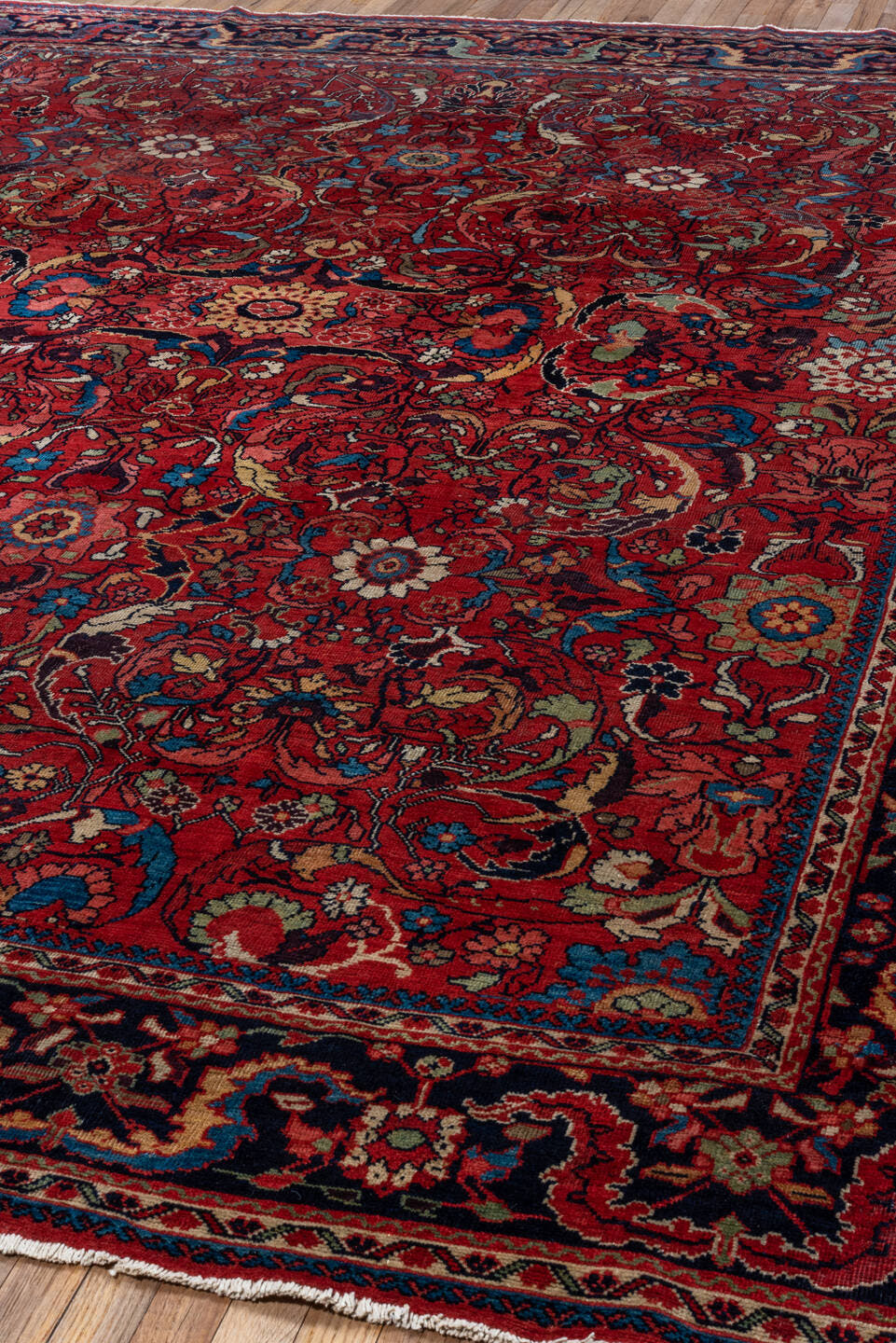 8' x 11' one-of-a-kind handmade antique Mahal large size rug. Color palette: red, navy, ivory, sky_blue, camel, burgundy