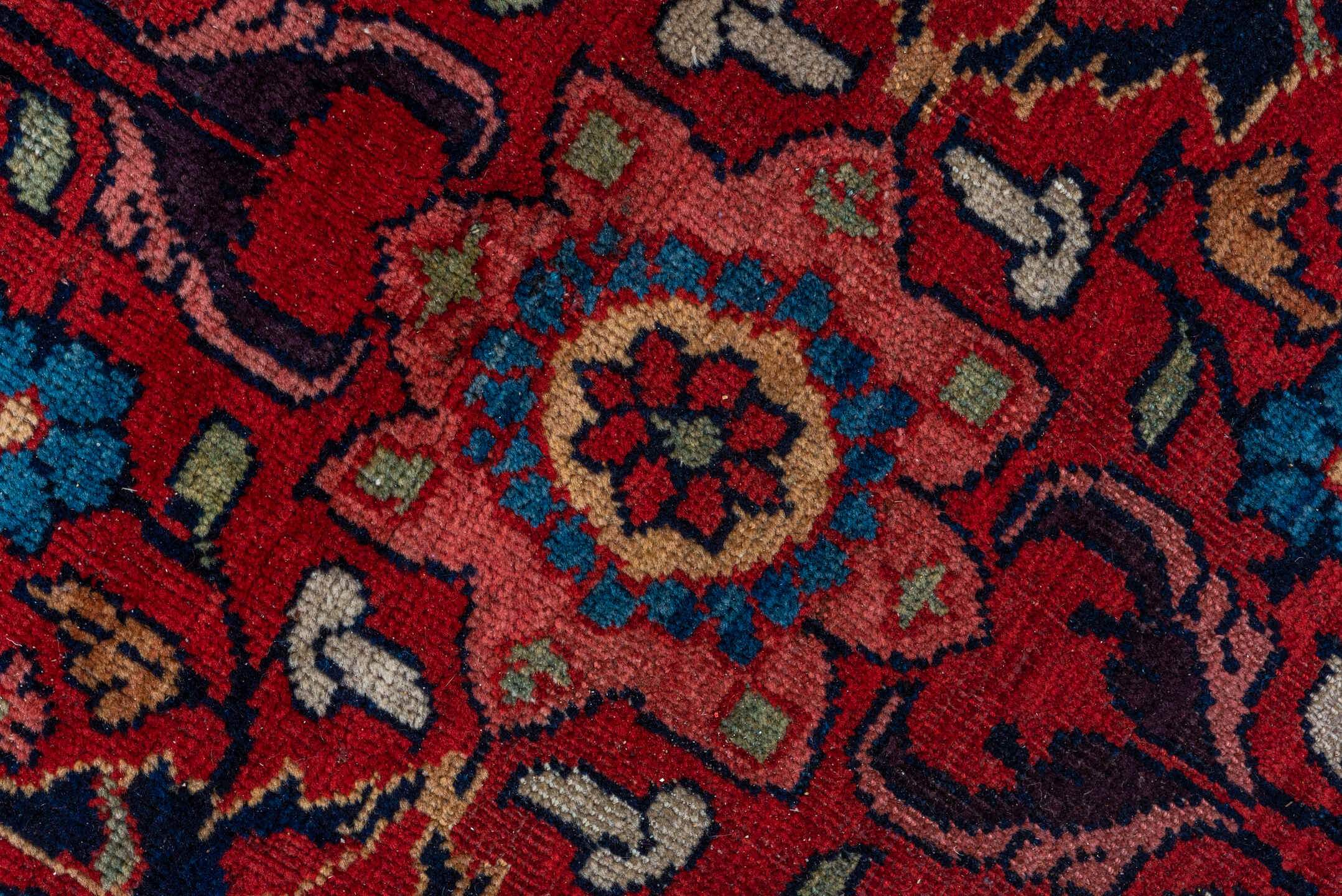 8' x 11' one-of-a-kind handmade antique Mahal large size rug. Color palette: red, navy, ivory, sky_blue, camel, burgundy