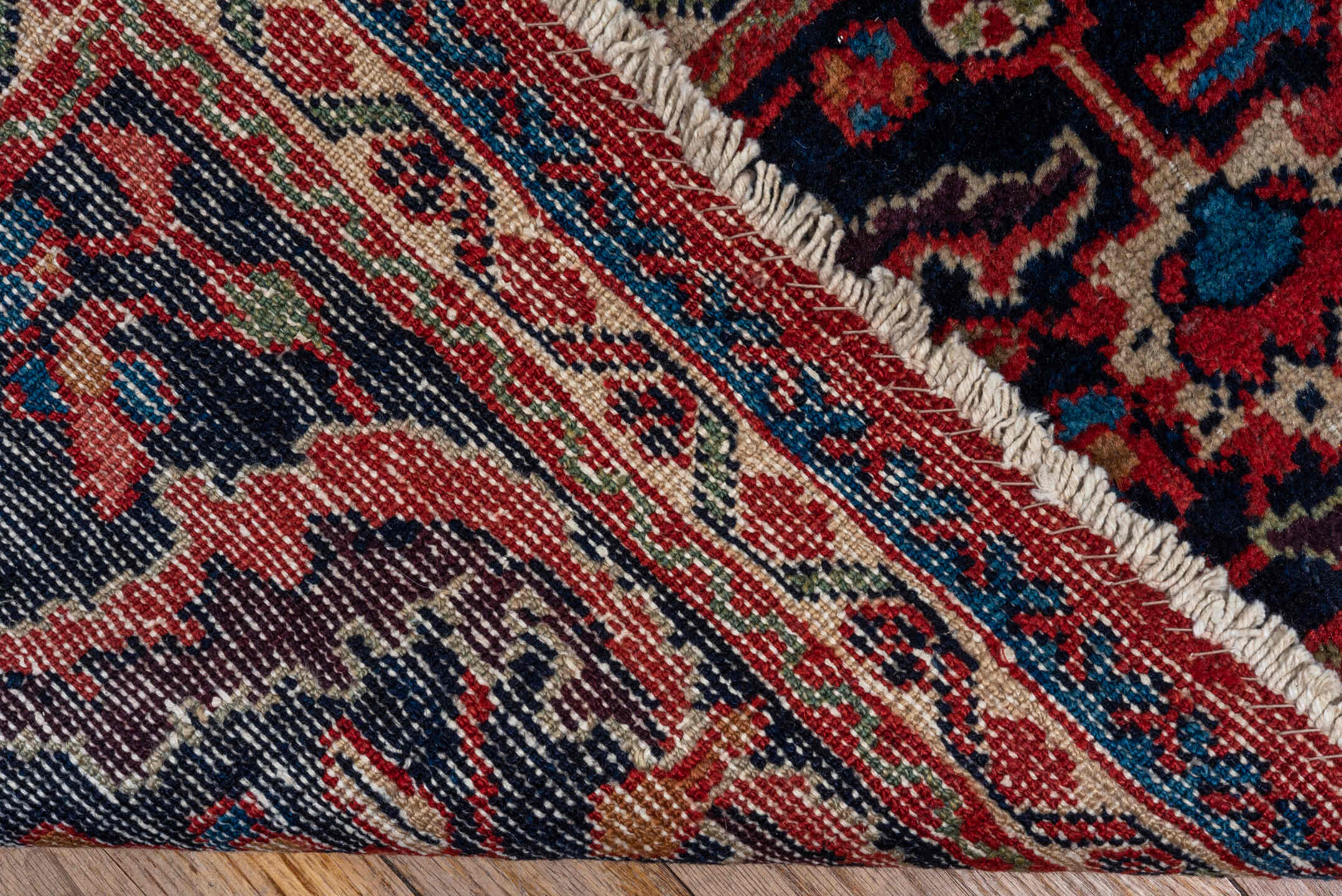 8' x 11' one-of-a-kind handmade antique Mahal large size rug. Color palette: red, navy, ivory, sky_blue, camel, burgundy