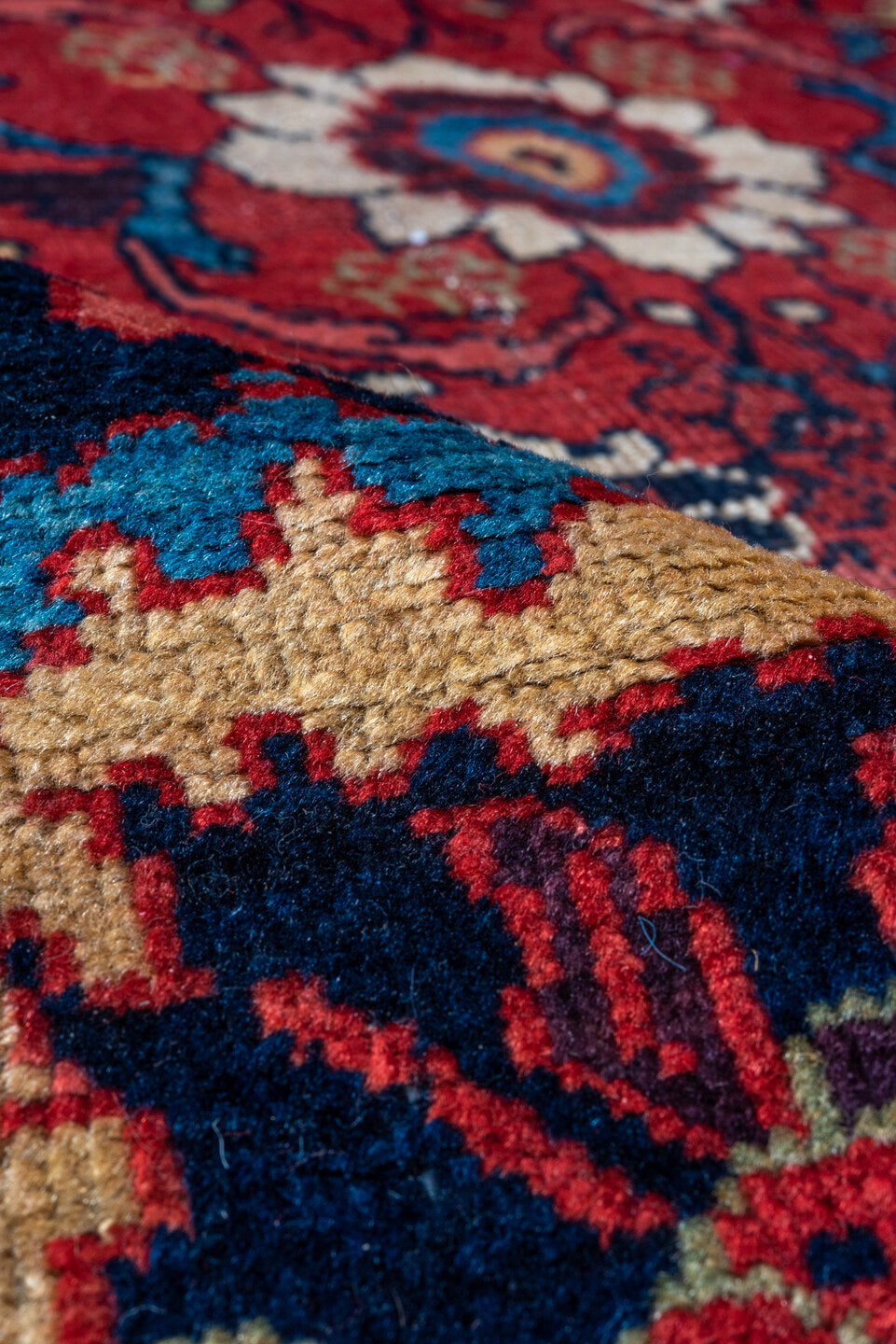 8' x 11' one-of-a-kind handmade vintage Mahal large size rug. Color palette: blue, brown, gray, pink, red