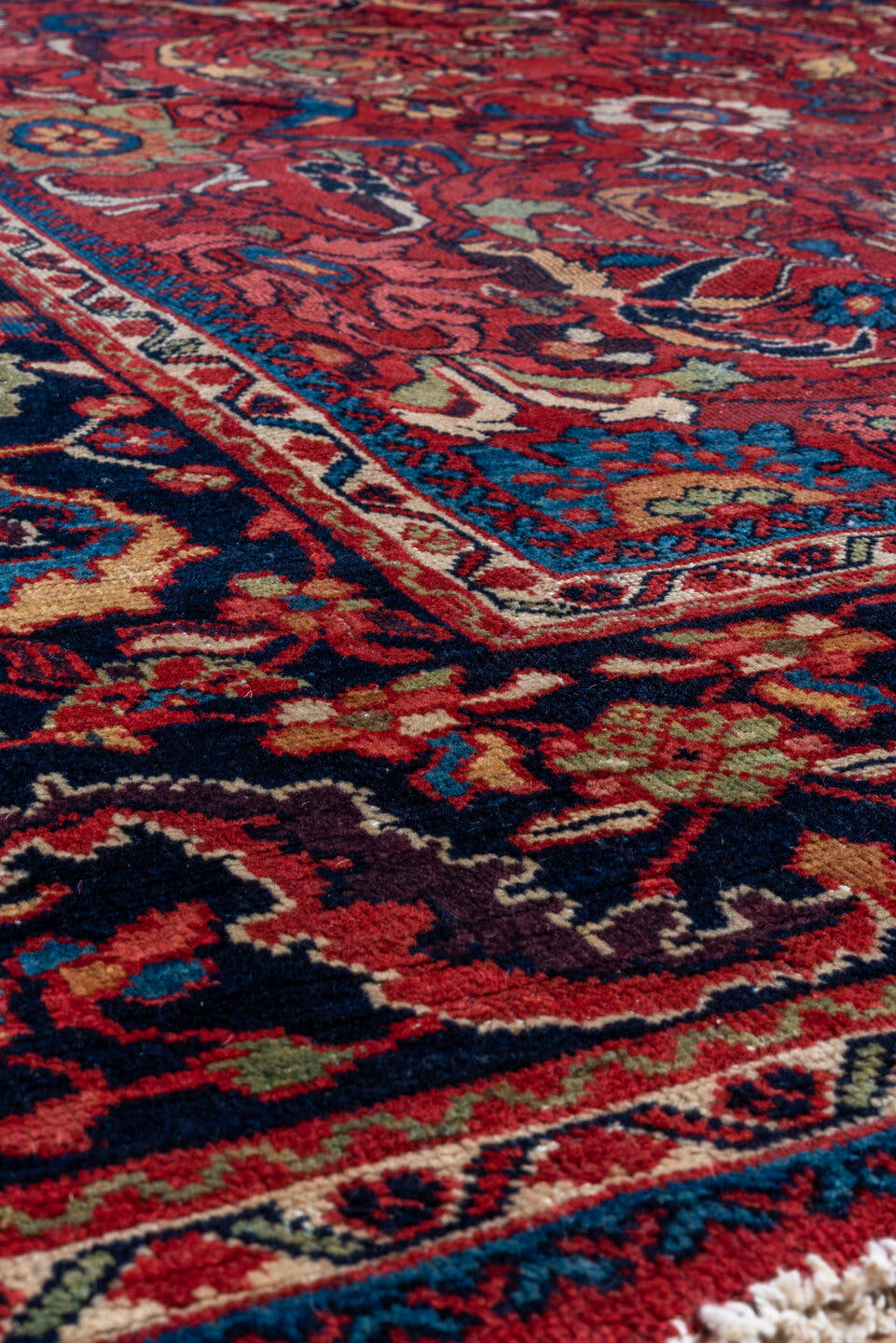 8' x 11' one-of-a-kind handmade antique Mahal large size rug. Color palette: red, navy, ivory, sky_blue, camel, burgundy
