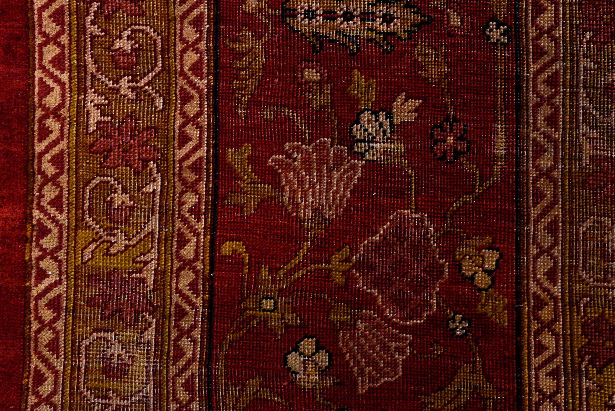 9' x 12' one-of-a-kind handmade antique Agra large size rug. Color palette: red, burgundy, camel, ivory, gold, rose, olive