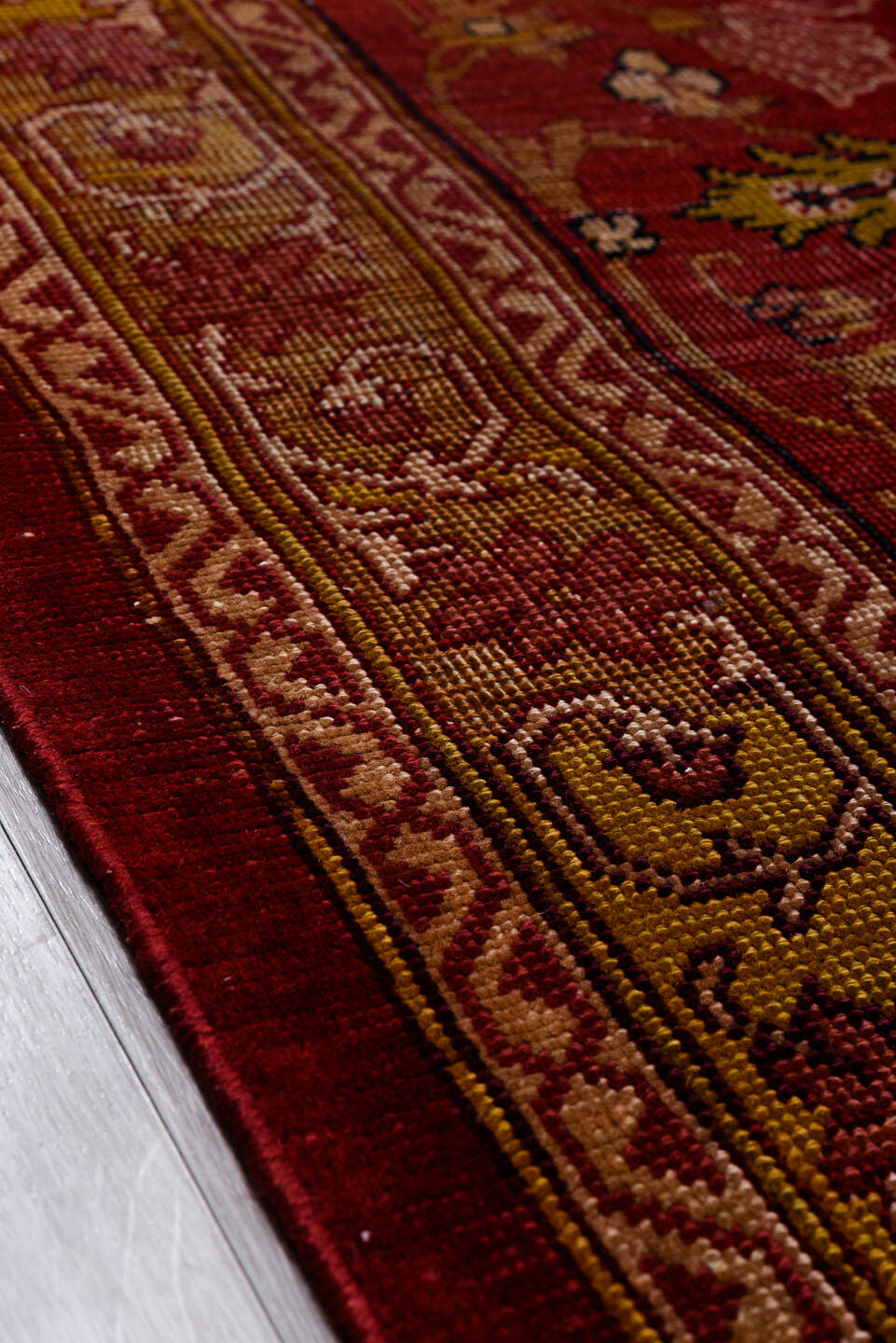 9' x 12' one-of-a-kind handmade antique Agra large size rug. Color palette: red, burgundy, camel, ivory, gold, rose, olive
