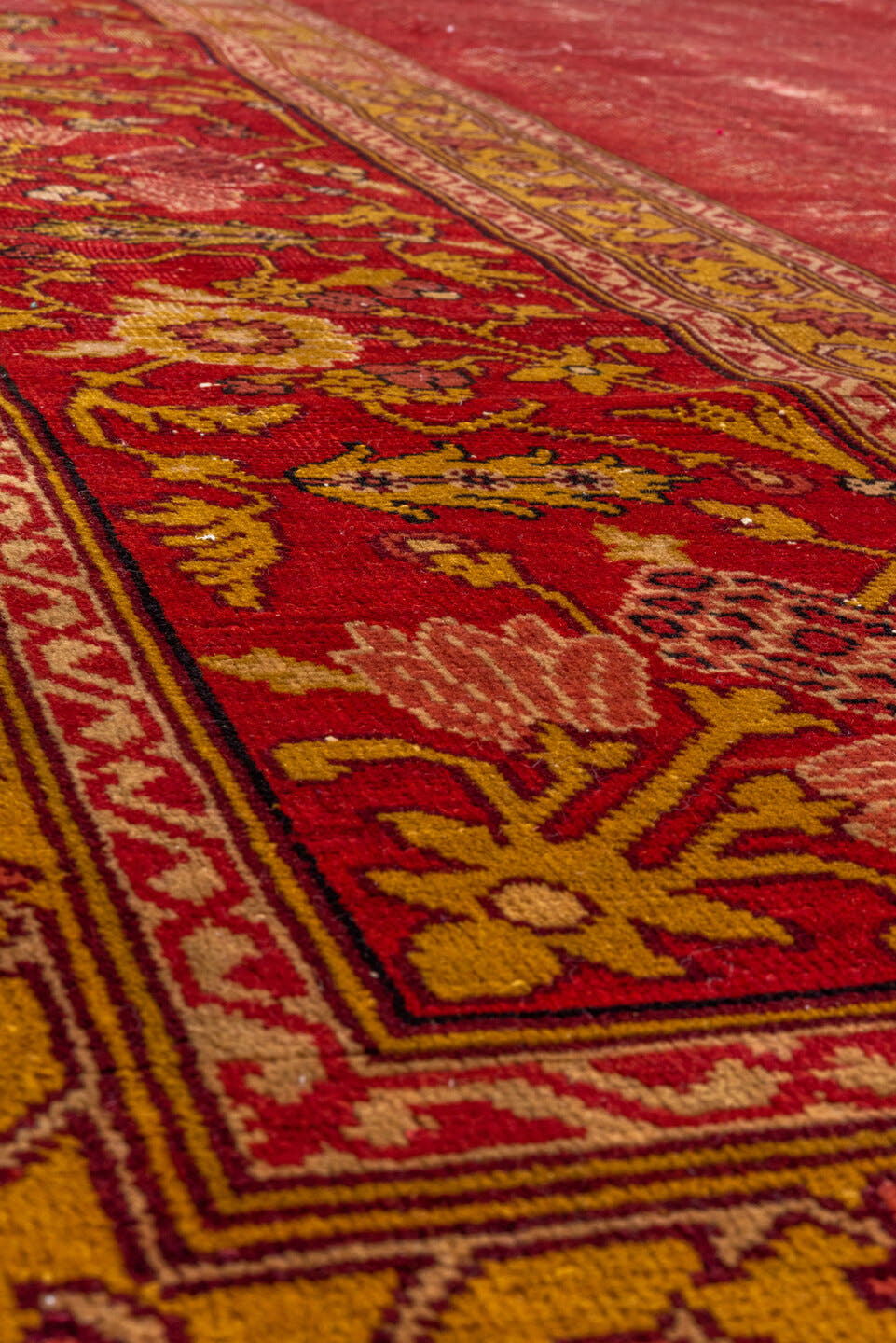 9' x 12' one-of-a-kind handmade antique Agra large size rug. Color palette: red, burgundy, camel, ivory, gold, rose, olive