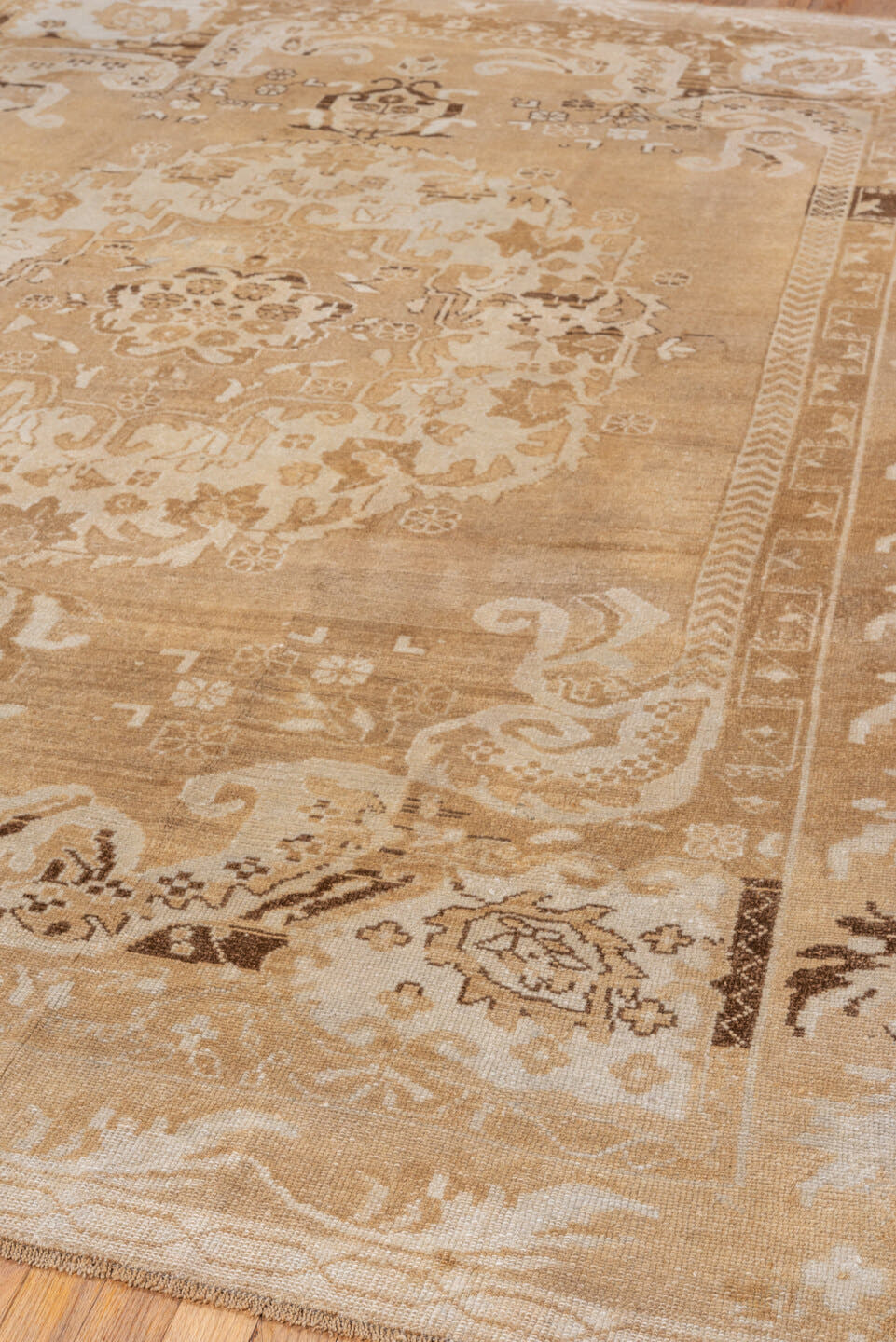 7' x 10' one-of-a-kind handmade vintage Kars large size rug. Color palette: camel, ivory, taupe, beige, brown, gray