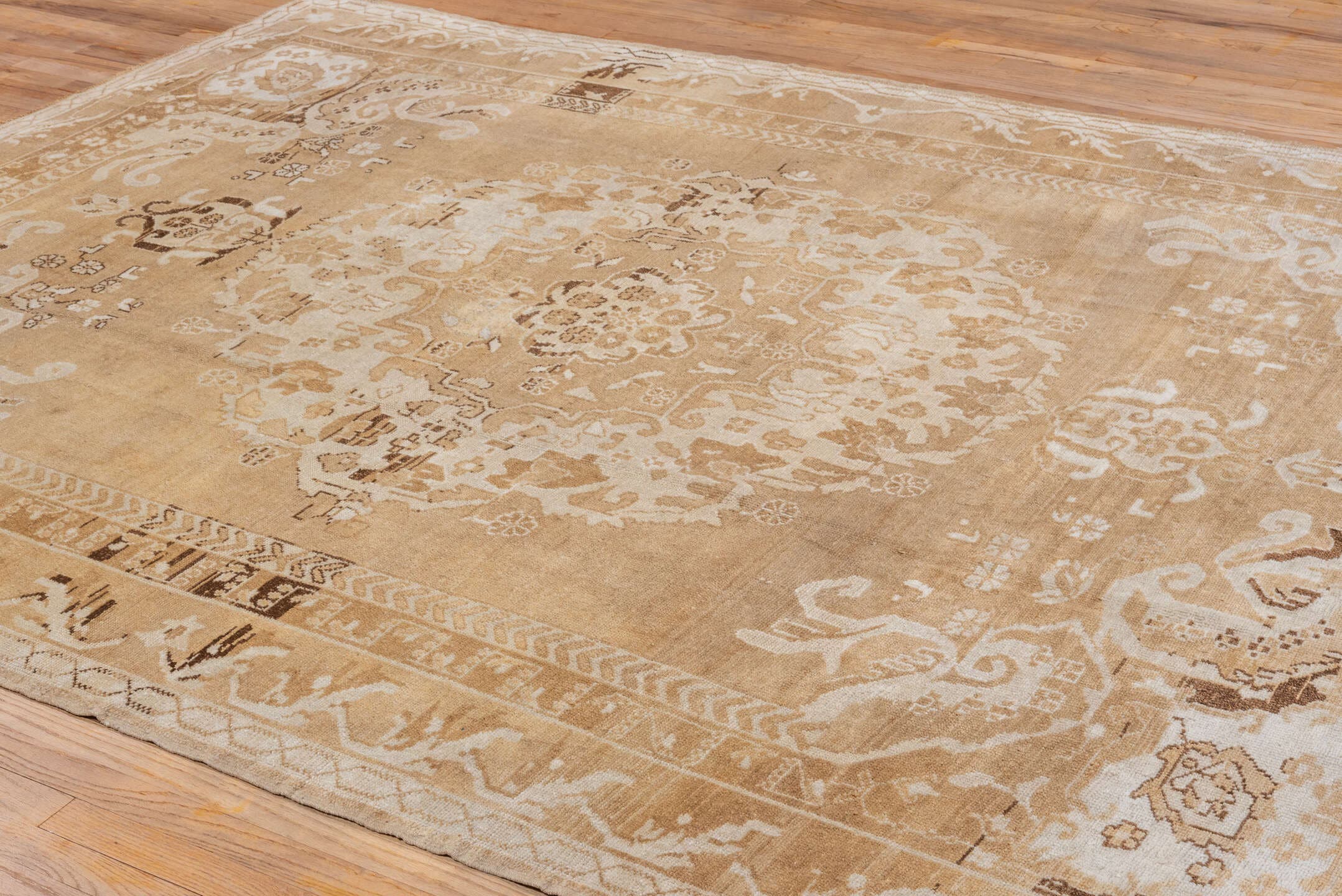 7' x 10' one-of-a-kind handmade vintage Kars large size rug. Color palette: camel, ivory, taupe, beige, brown, gray
