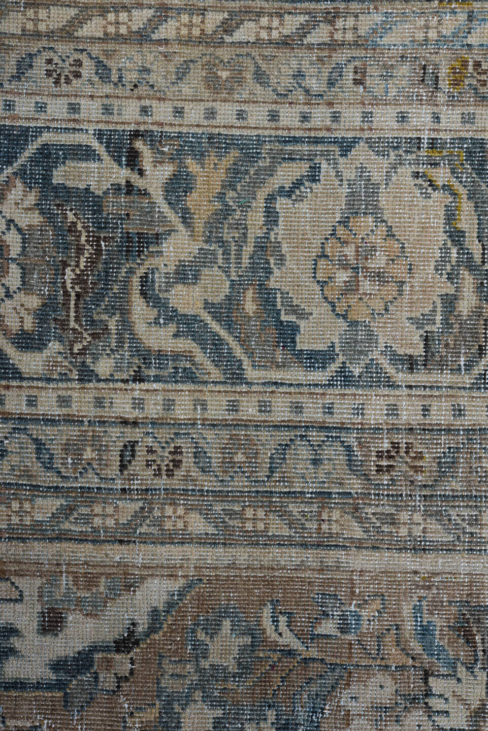 8' x 12' one-of-a-kind handmade vintage Mahal large size rug. Color palette: taupe, slate, ivory, blue, charcoal, beige