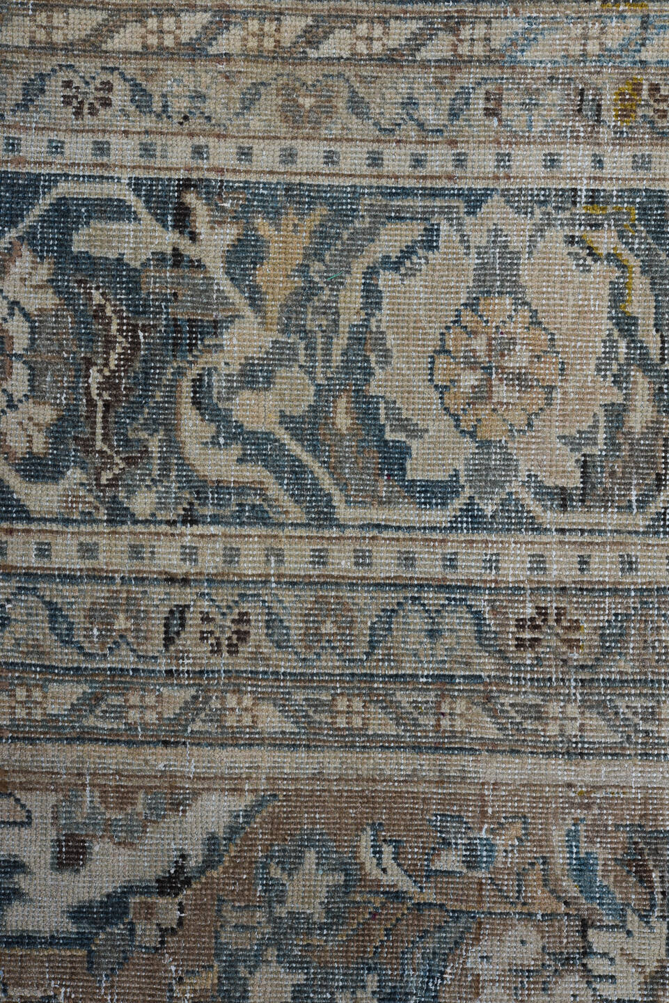 8' x 12' one-of-a-kind handmade vintage Mahal large size rug. Color palette: taupe, slate, ivory, blue, charcoal, beige