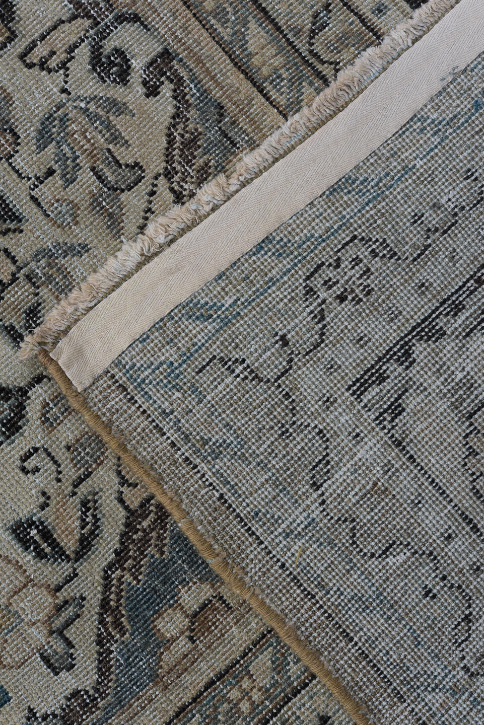 8' x 12' one-of-a-kind handmade vintage Mahal large size rug. Color palette: taupe, slate, ivory, blue, charcoal, beige