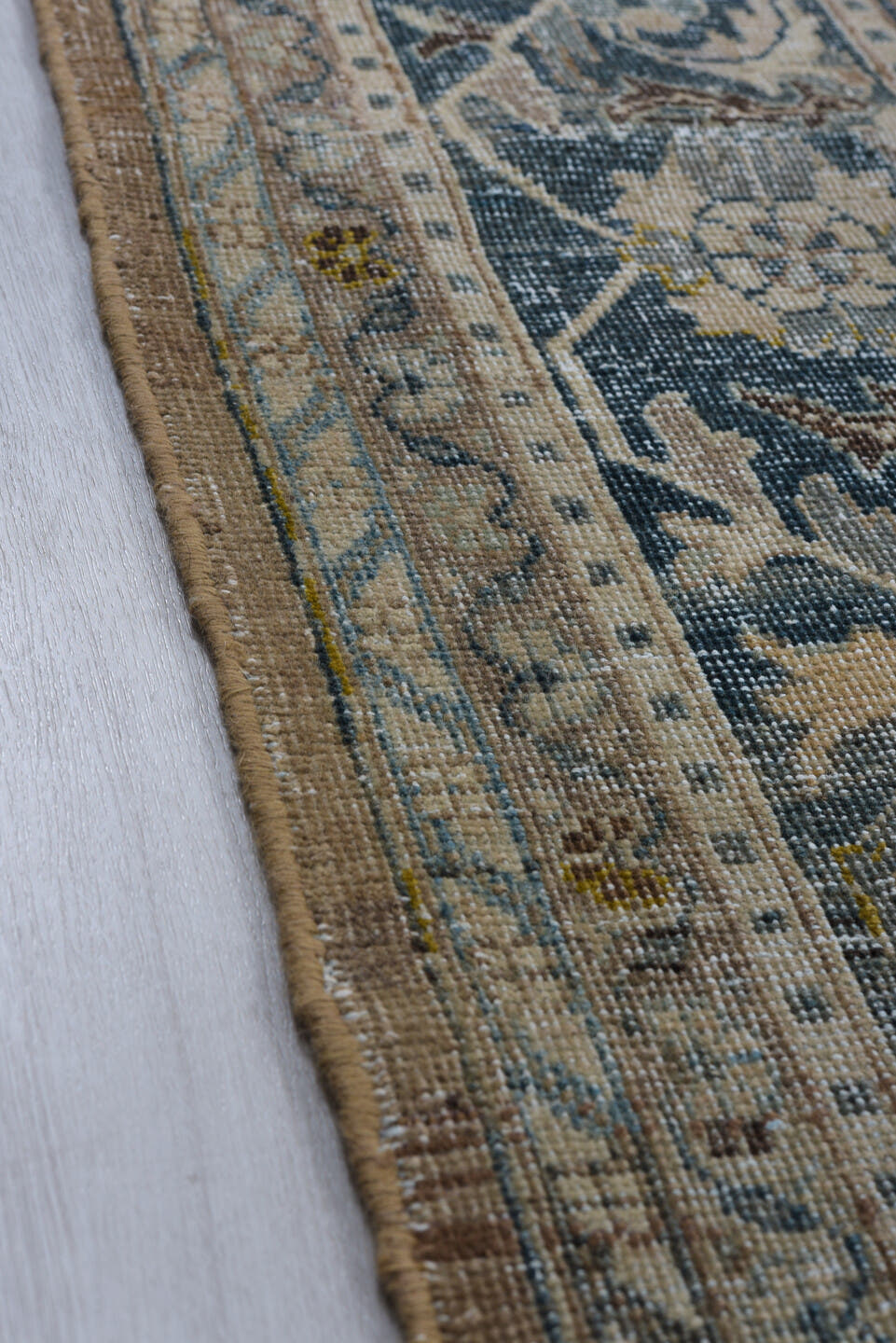 8' x 12' one-of-a-kind handmade vintage Mahal large size rug. Color palette: taupe, slate, ivory, blue, charcoal, beige
