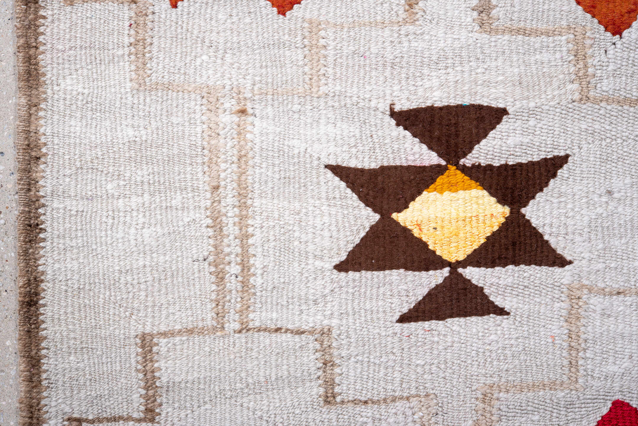 2' x 10' one-of-a-kind handmade antique Kilim runner rug. Color palette: ivory, crimson, rust, taupe, brown, gold, gray