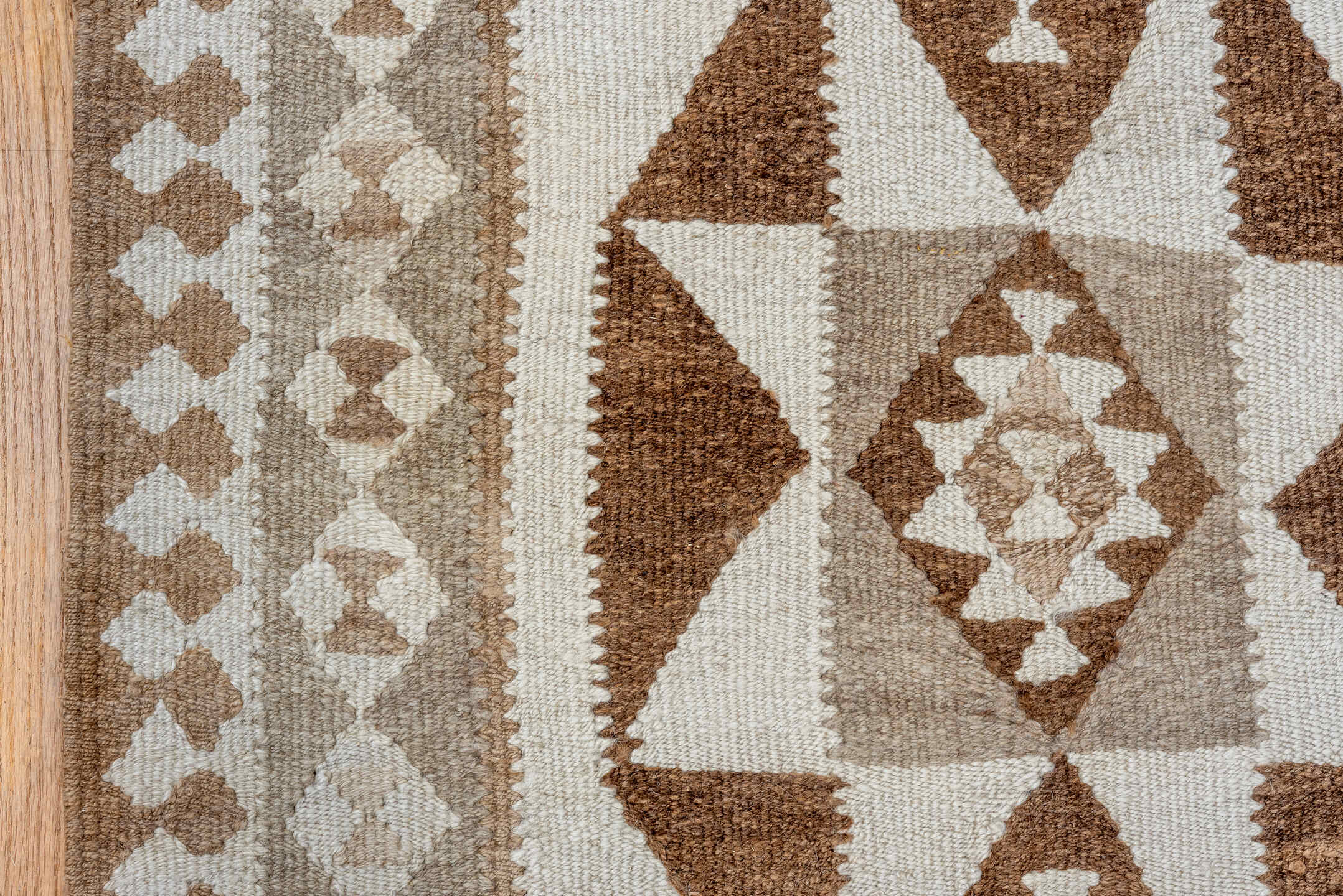 3' x 10' one-of-a-kind handmade vintage Kilim runner rug. Color palette: brown, gray, light gray, off-white, orange, pink