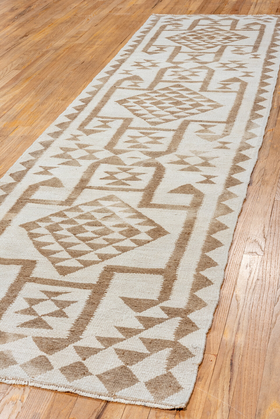 3' x 10' one-of-a-kind handmade vintage Kilim runner rug. Color palette: ivory, taupe, beige, camel, gray