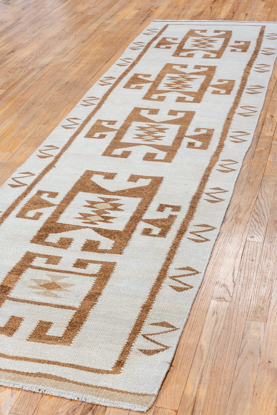 3' x 11' one-of-a-kind handmade antique Kilim runner rug. Color palette: ivory, camel, taupe, brown, beige, gray