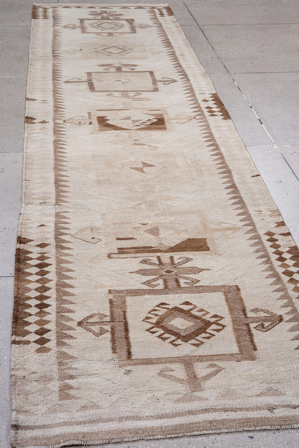 3' x 13' one-of-a-kind handmade antique Kilim runner rug. Color palette: ivory, taupe, camel, brown, beige, gray