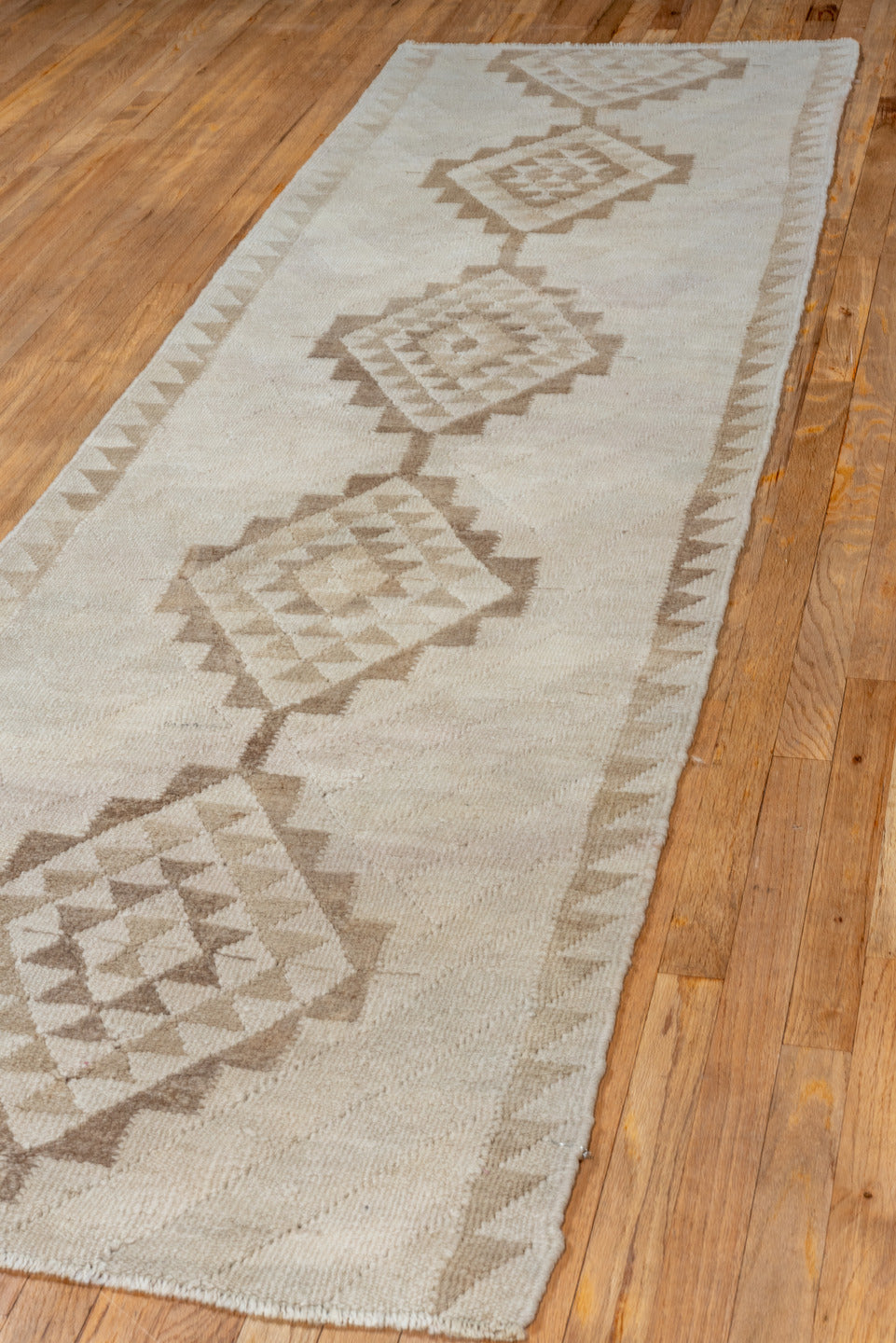 2' x 9' one-of-a-kind handmade vintage Kilim runner rug. Color palette: brown, gray, light gray, off-white, pink, snow