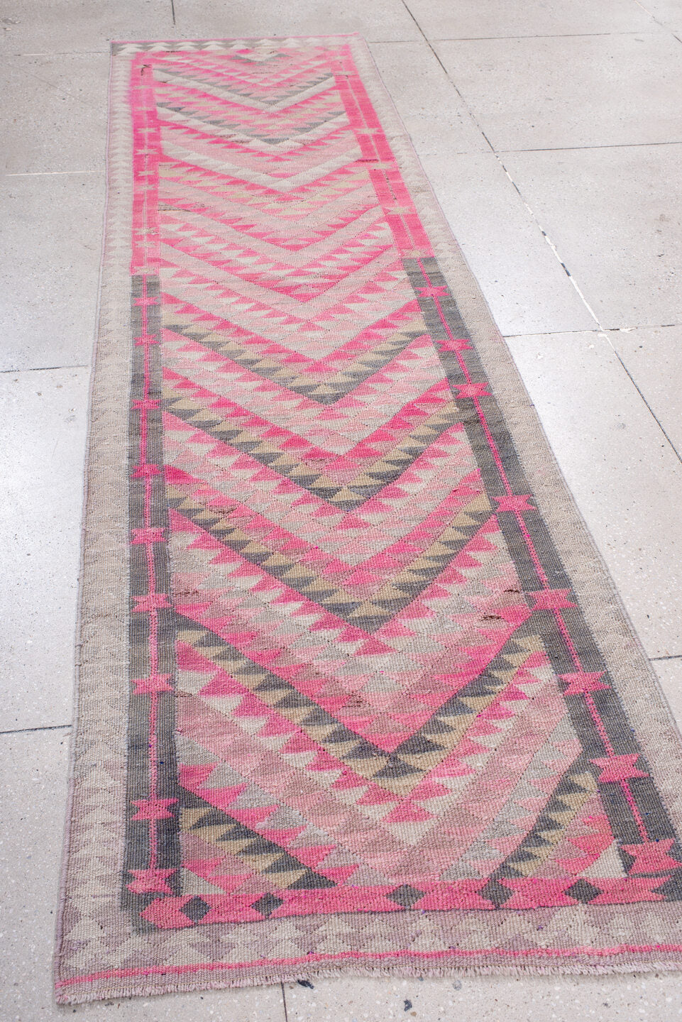 3' x 11' one-of-a-kind handmade vintage Kilim runner rug. Color palette: blue, brown, gray, light gray, off-white, pink, red