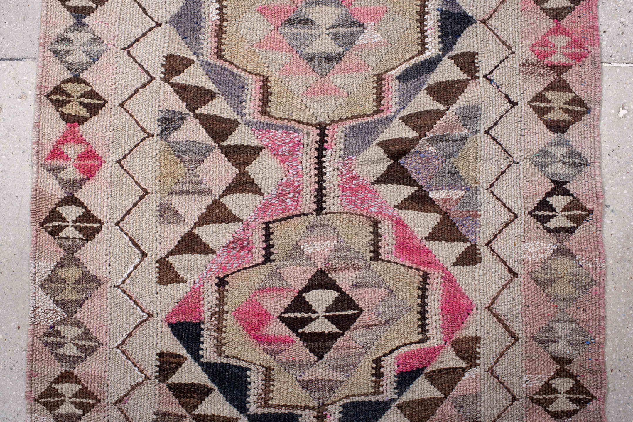 3' x 11' one-of-a-kind handmade vintage Kilim runner rug. Color palette: ivory, pink, taupe, brown, slate, charcoal, beige