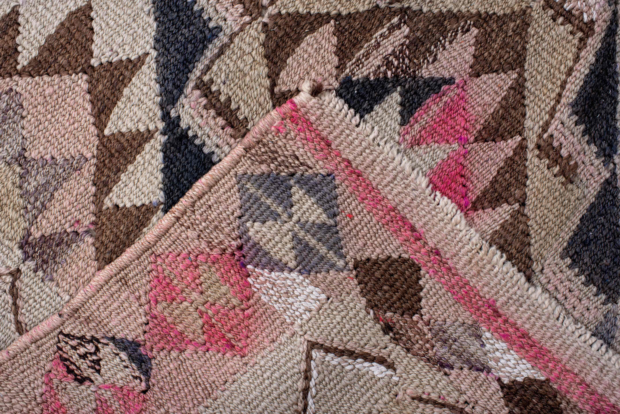 3' x 11' one-of-a-kind handmade vintage Kilim runner rug. Color palette: ivory, pink, taupe, brown, slate, charcoal, beige