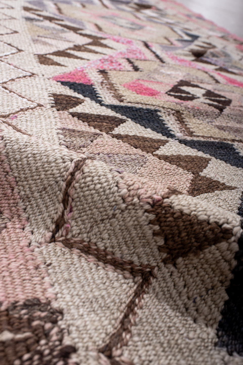 3' x 11' one-of-a-kind handmade vintage Kilim runner rug. Color palette: ivory, pink, taupe, brown, slate, charcoal, beige