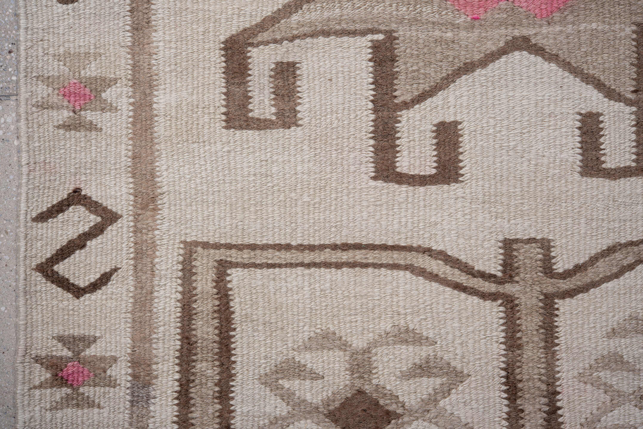 3' x 12' one-of-a-kind handmade vintage Kilim runner rug. Color palette: brown, gainsboro, gray, light gray, off-white, pink