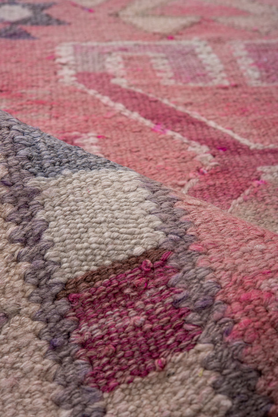 3' x 11' one-of-a-kind handmade vintage Kilim runner rug. Color palette: rose, ivory, lavender, plum, mauve, taupe, charcoal