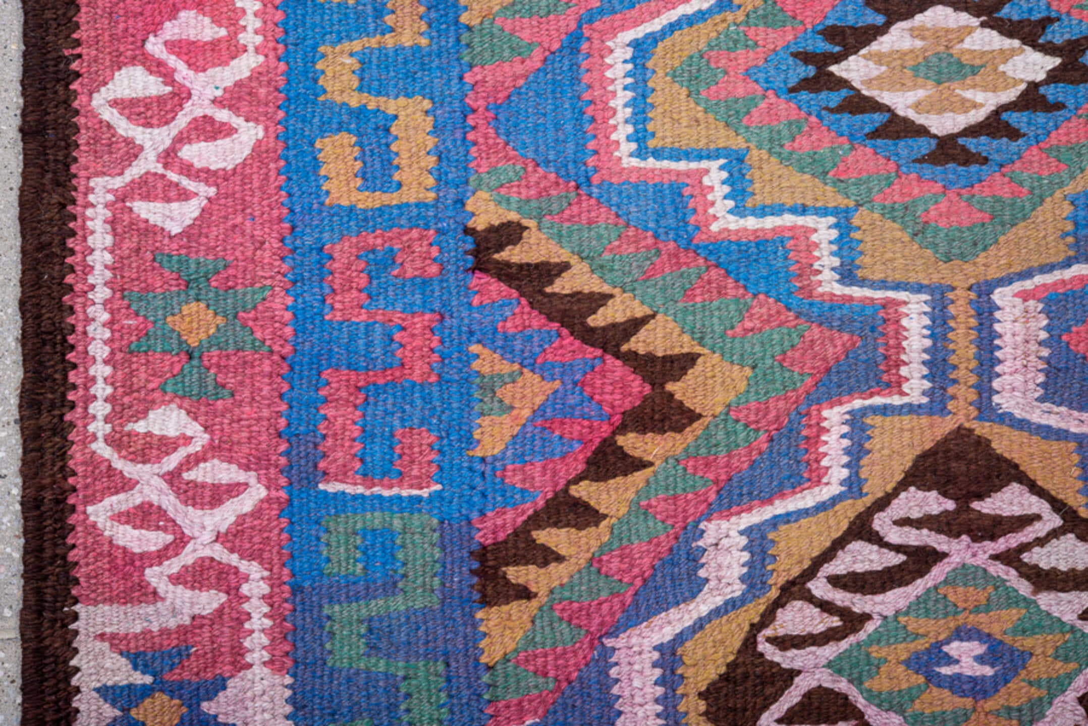 3' x 9' one-of-a-kind handmade antique Kilim runner rug. Color palette: pink, blue, ivory, brown, teal, olive, black