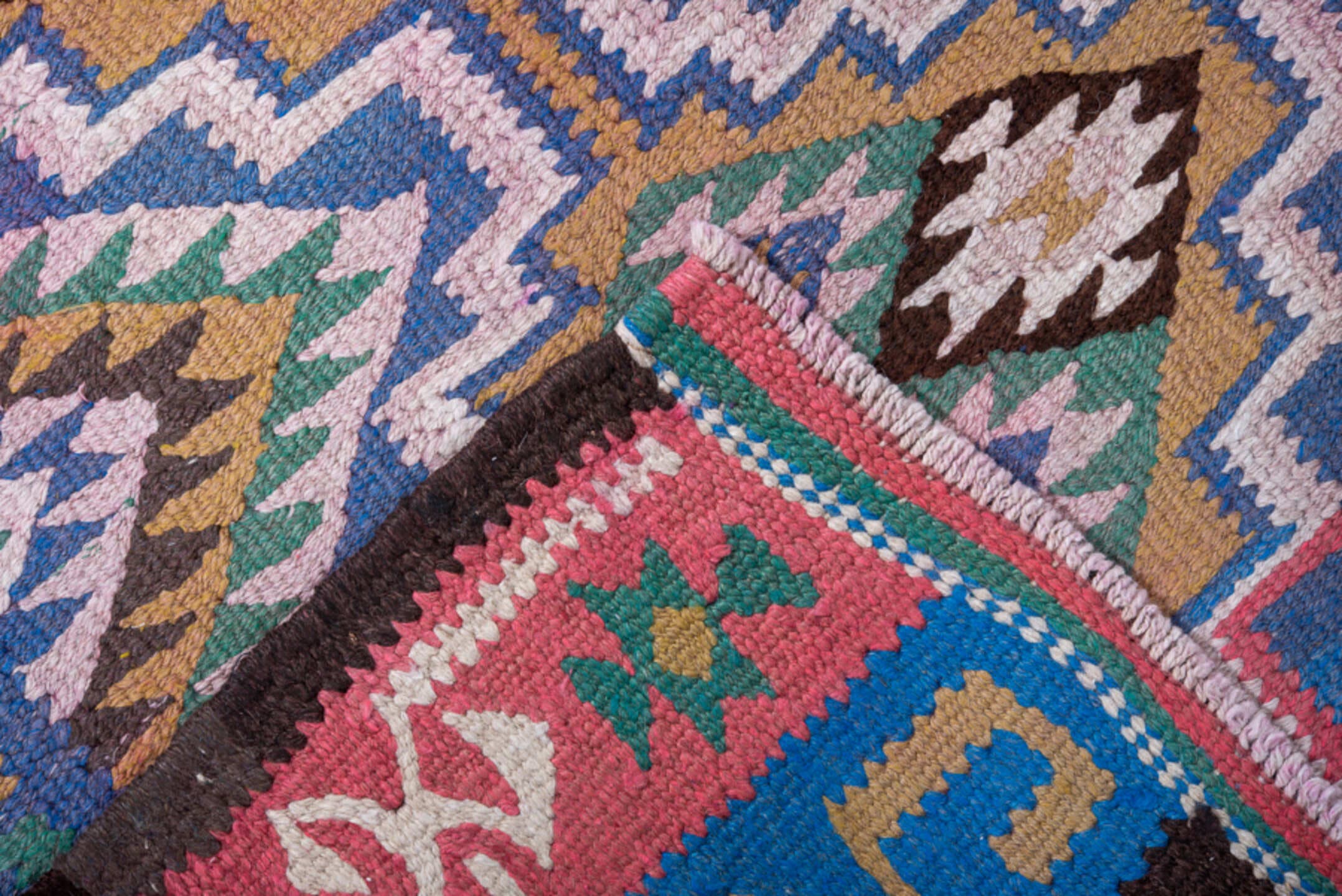 3' x 9' one-of-a-kind handmade antique Kilim runner rug. Color palette: pink, blue, ivory, brown, teal, olive, black