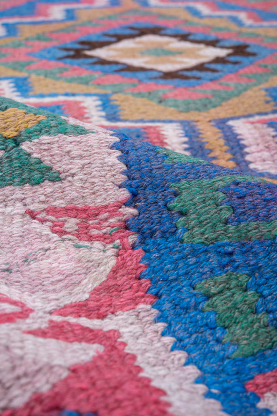 3' x 9' one-of-a-kind handmade antique Kilim runner rug. Color palette: pink, blue, ivory, brown, teal, olive, black