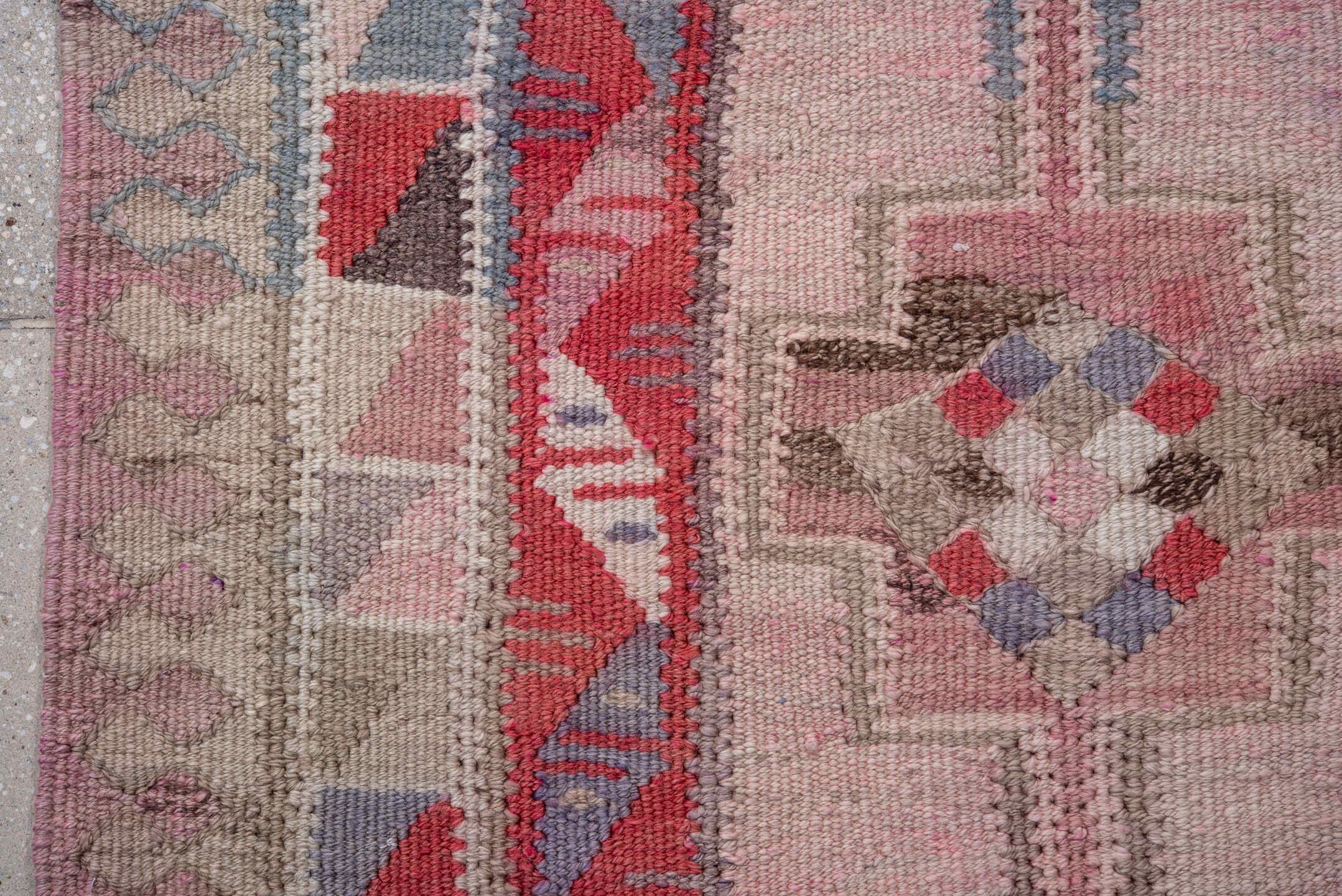 3' x 11' one-of-a-kind handmade vintage Kilim runner rug. Color palette: blush, taupe, red, rose, soft blue, ivory, mauve