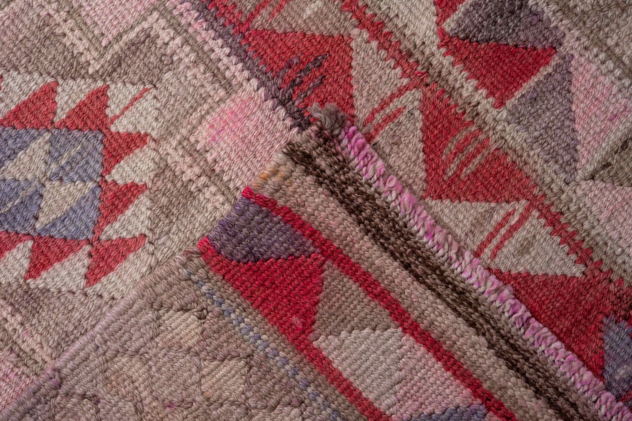 3' x 11' one-of-a-kind handmade vintage Kilim runner rug. Color palette: blush, taupe, red, rose, soft blue, ivory, mauve