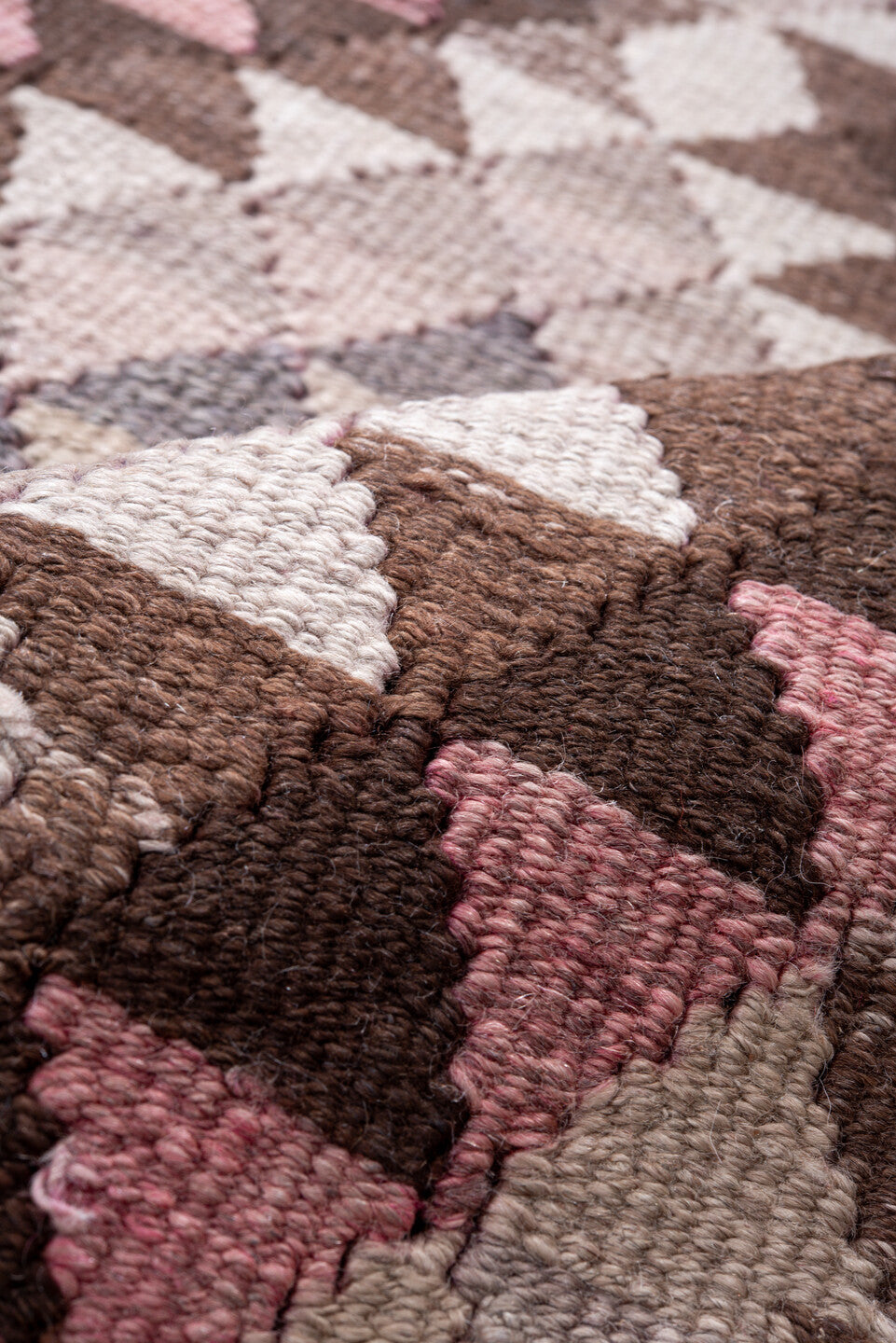 2' x 13' one-of-a-kind handmade vintage Kilim runner rug. Color palette: brown, dim gray, gray, light gray, off-white, pink