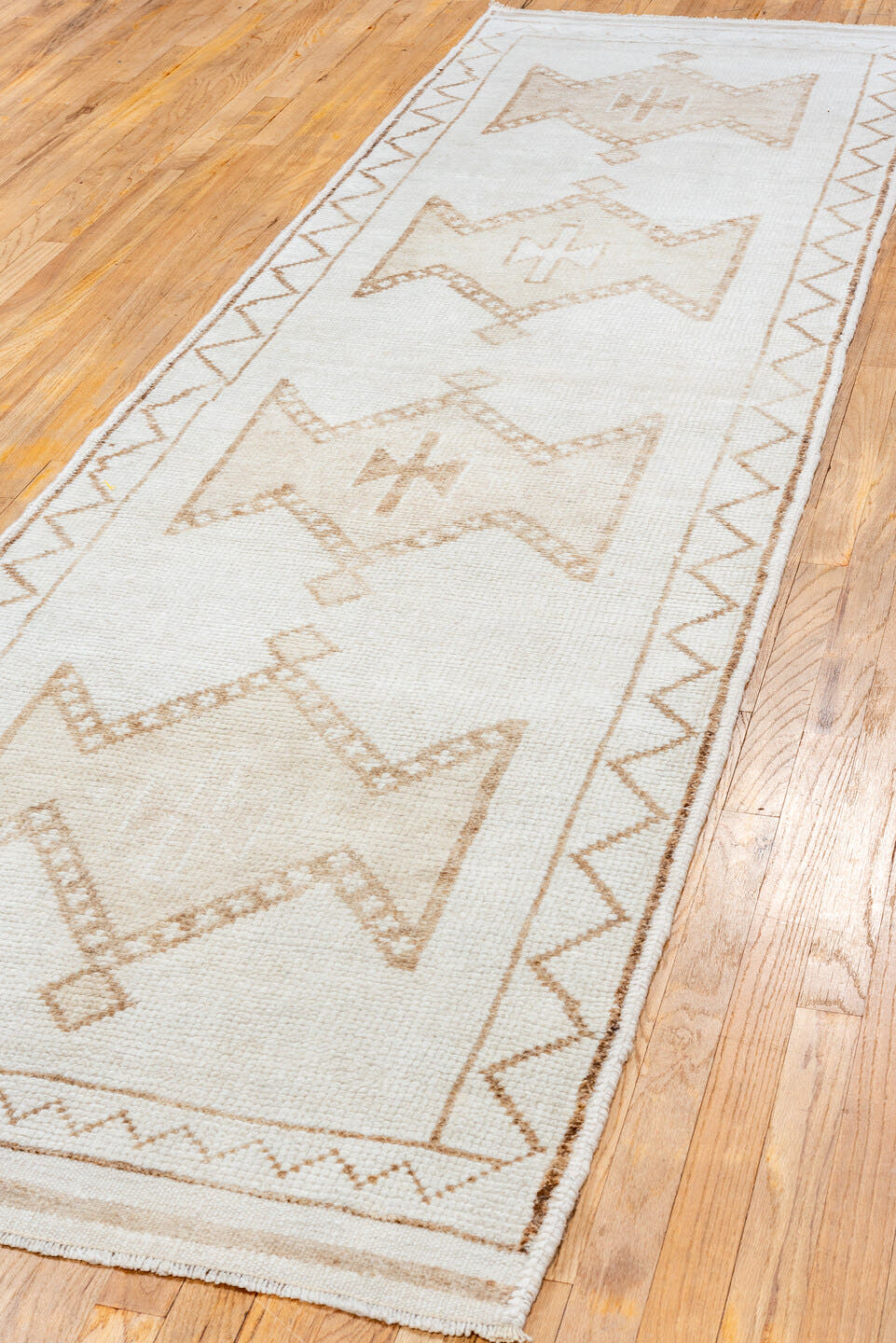 3' x 11' one-of-a-kind handmade vintage Kars runner rug. Color palette: ivory, beige, taupe, camel, gray